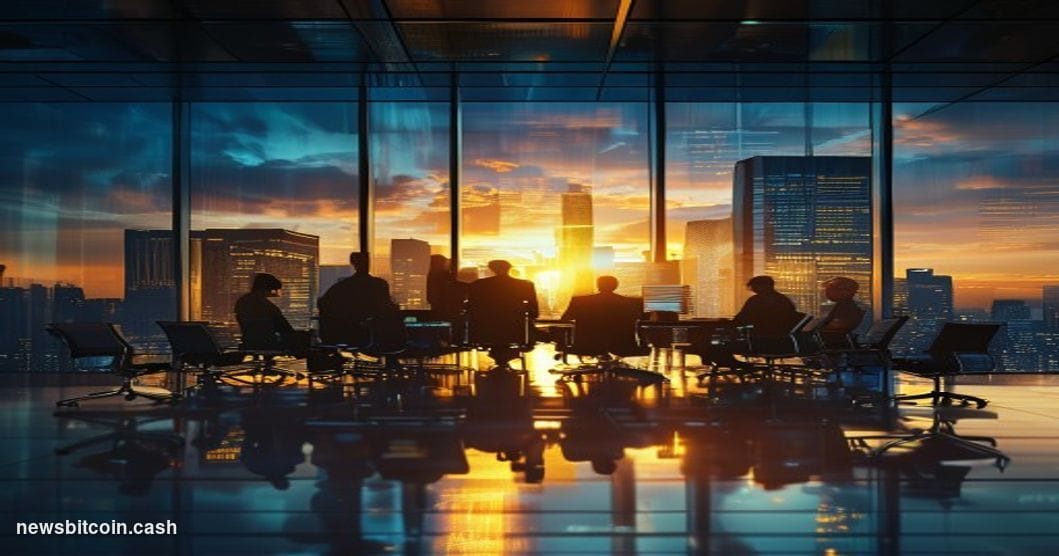 A cinematic photorealistic editorial photograph of a modern corporate boardroom viewed through floor-to-ceiling windows, with