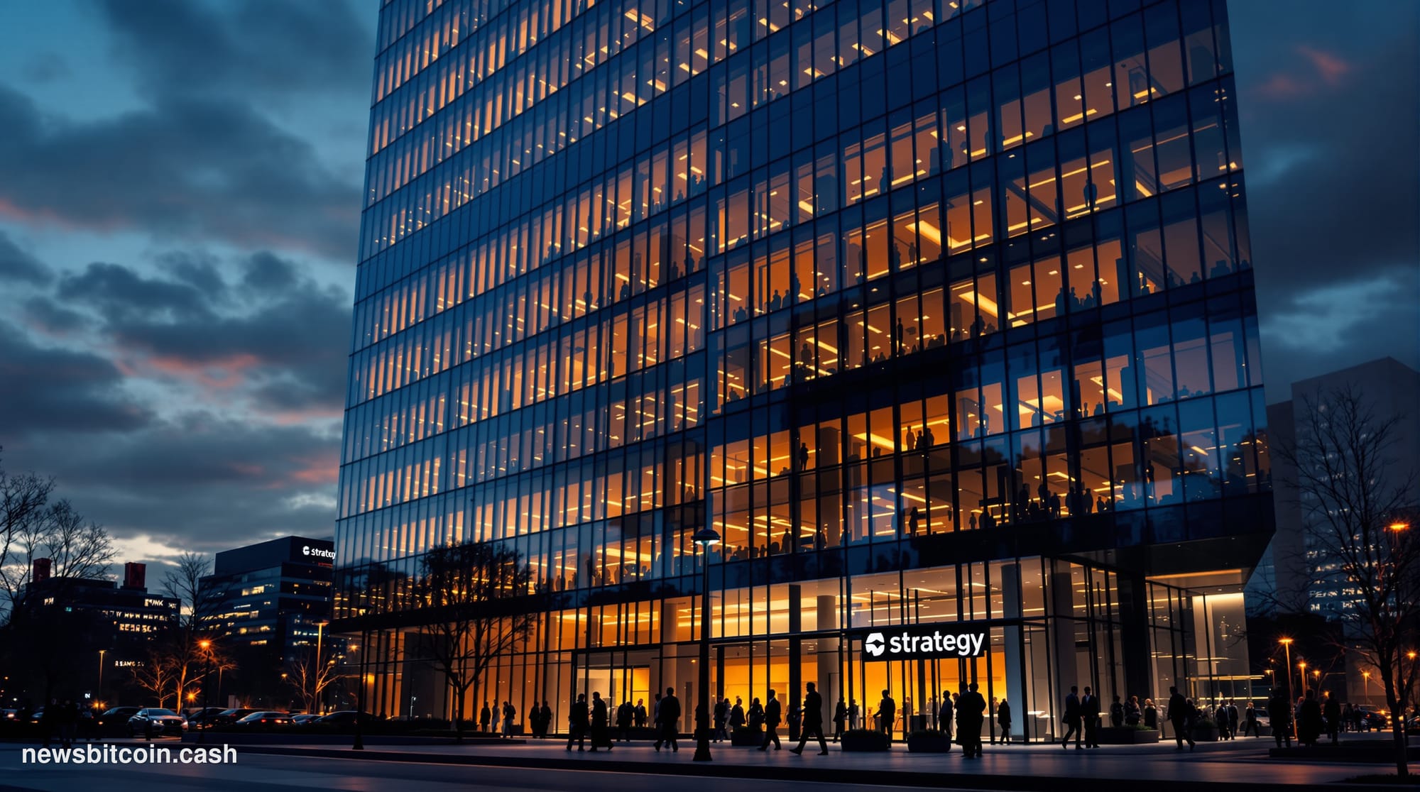 A photorealistic editorial photograph of Strategy's corporate headquarters building in Tysons Corner, Virginia, shot during g