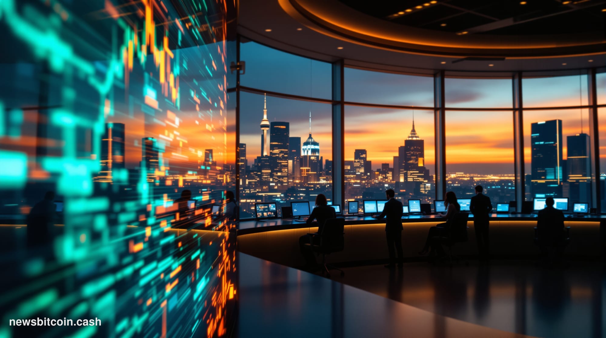 A dramatic photorealistic editorial photograph showcasing Strategy's corporate headquarters or trading floor environment duri