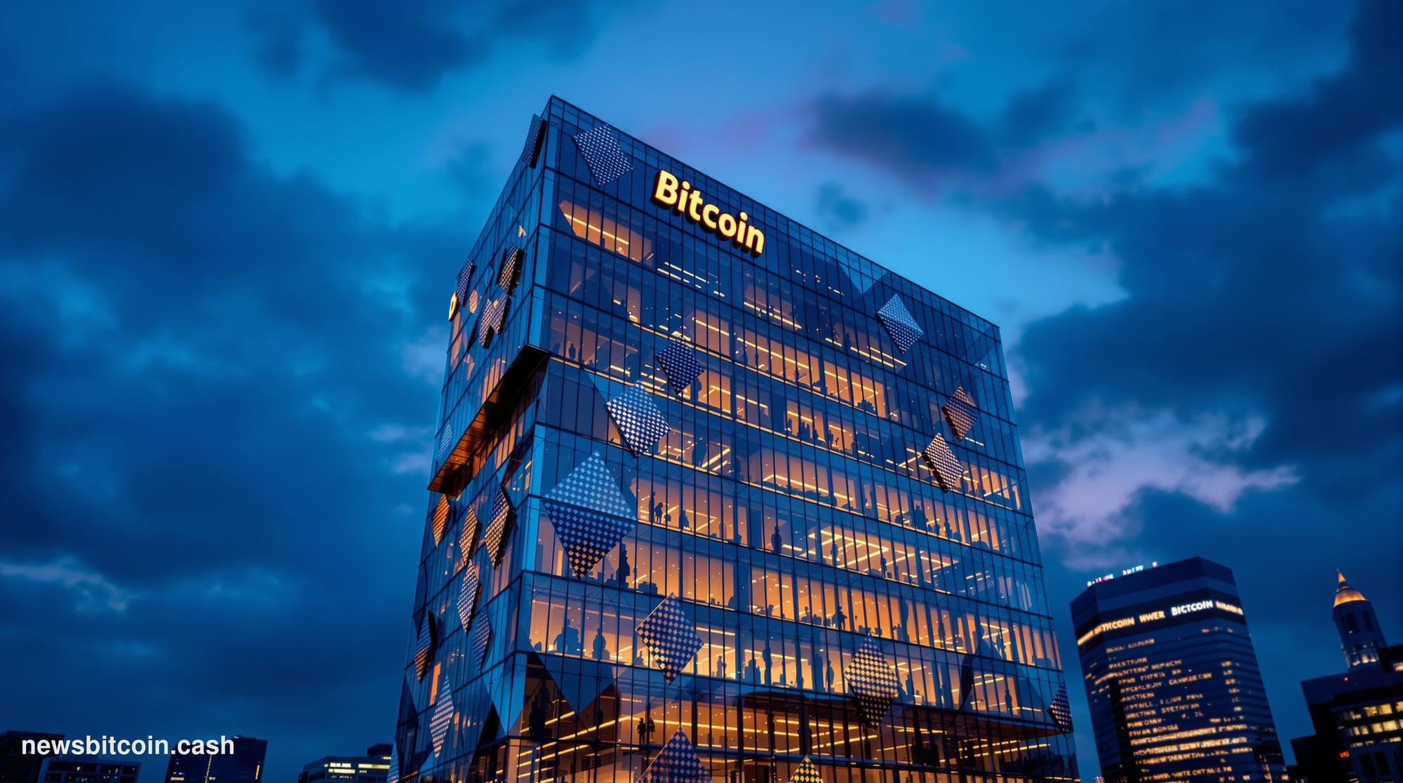 A cinematic photorealistic editorial photograph showing a modern corporate headquarters building at dusk with dramatic lighti