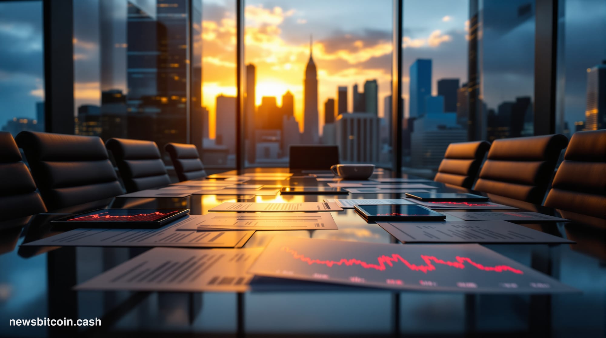 A cinematic photorealistic editorial photograph showing a modern corporate boardroom with floor-to-ceiling windows overlookin