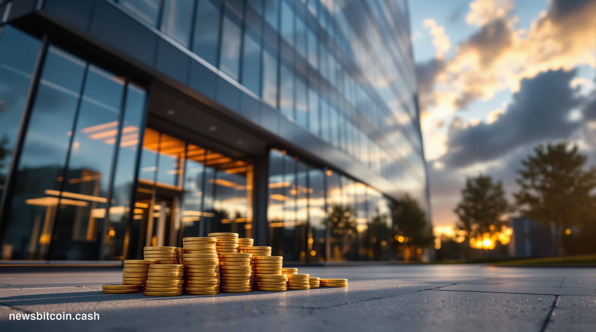 A cinematic photorealistic editorial photograph of the Strive Asset Management headquarters building in Columbus, Ohio, captu