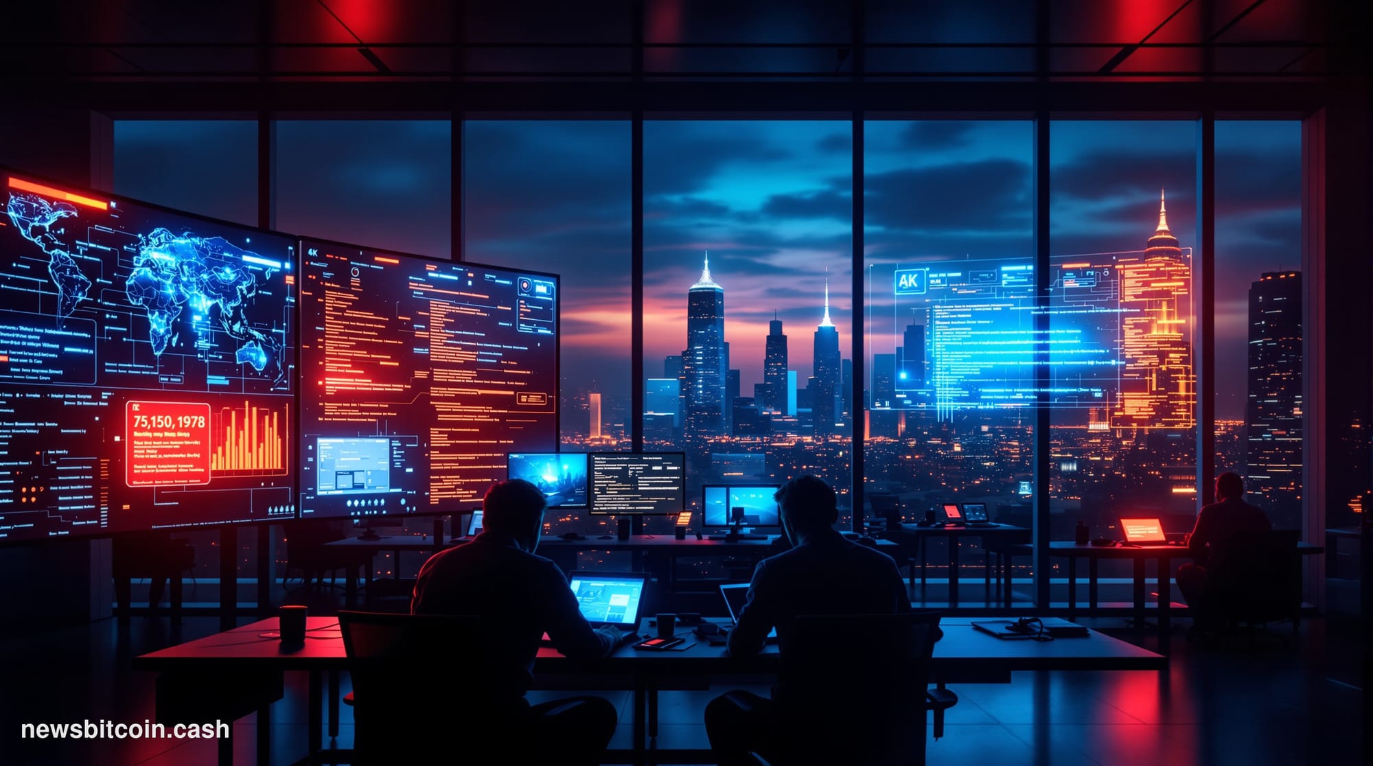 A cinematic photorealistic editorial photograph showing a modern blockchain technology operations center in crisis mode. The 