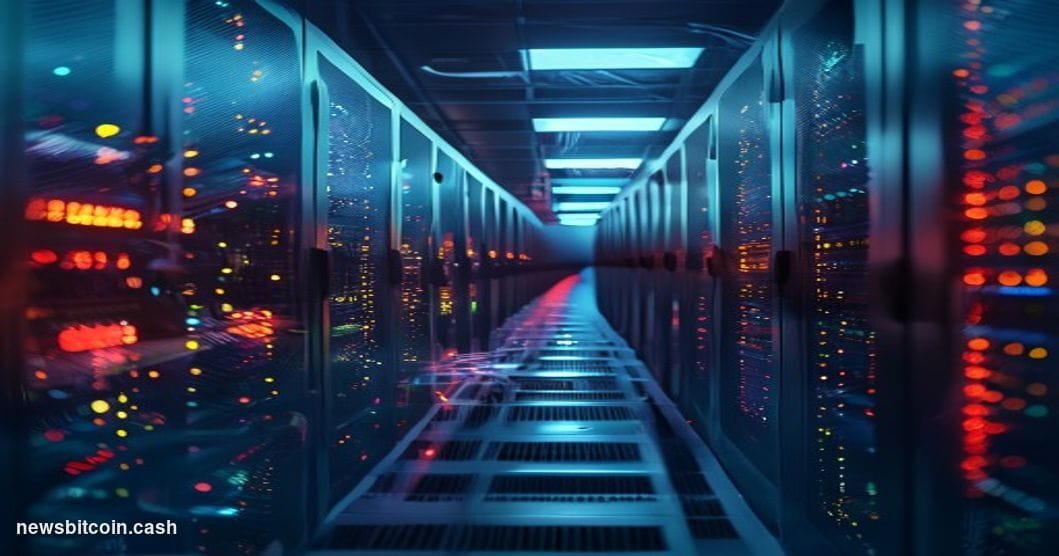 A cinematic photorealistic editorial photograph showing a modern data center server room with dramatic lighting casting long 