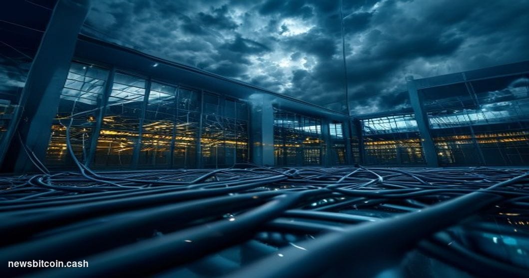A cinematic photorealistic editorial photograph showing a modern blockchain technology infrastructure facility in distress. T