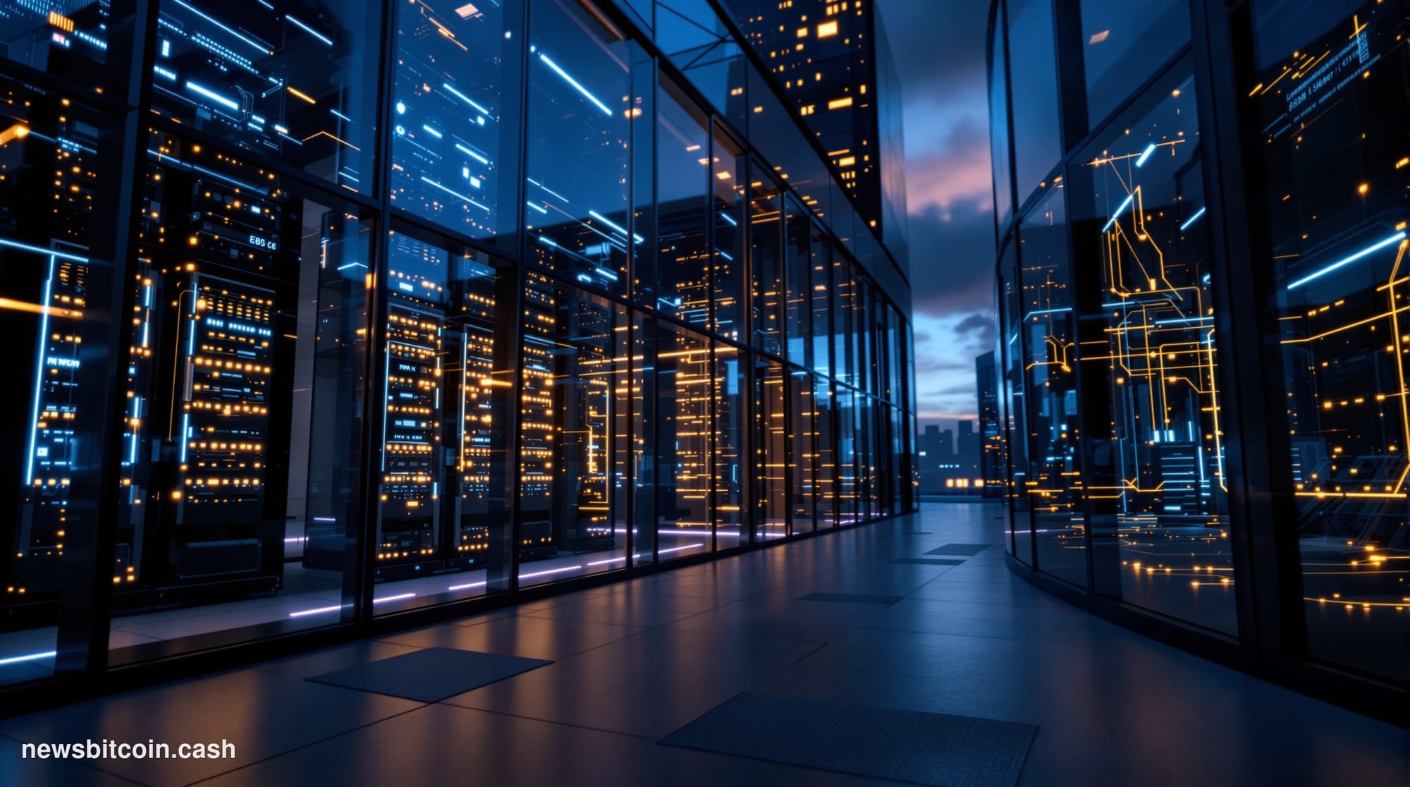 A dramatic cinematic editorial photograph of a modern tech campus or blockchain infrastructure facility during twilight hours