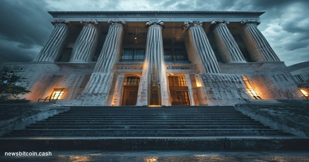 Cinematic photorealistic editorial photograph of a imposing modern courthouse with dramatic overcast lighting, shot from a lo