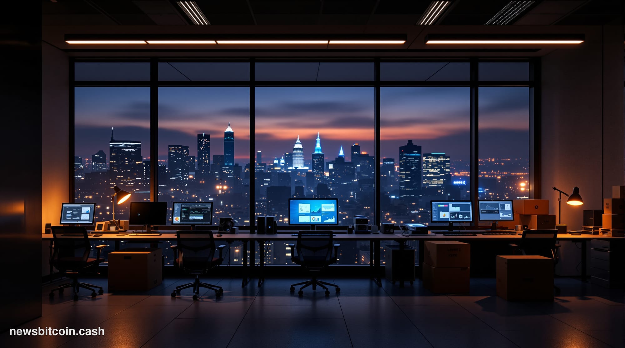 A cinematic photorealistic editorial photograph of a modern tech office space in the process of being vacated, with empty des