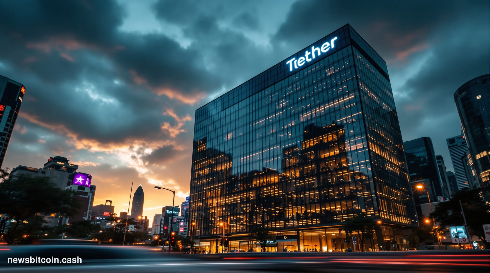 A dramatic cinematic photograph of Tether's corporate headquarters building in Hong Kong's financial district, shot from a lo