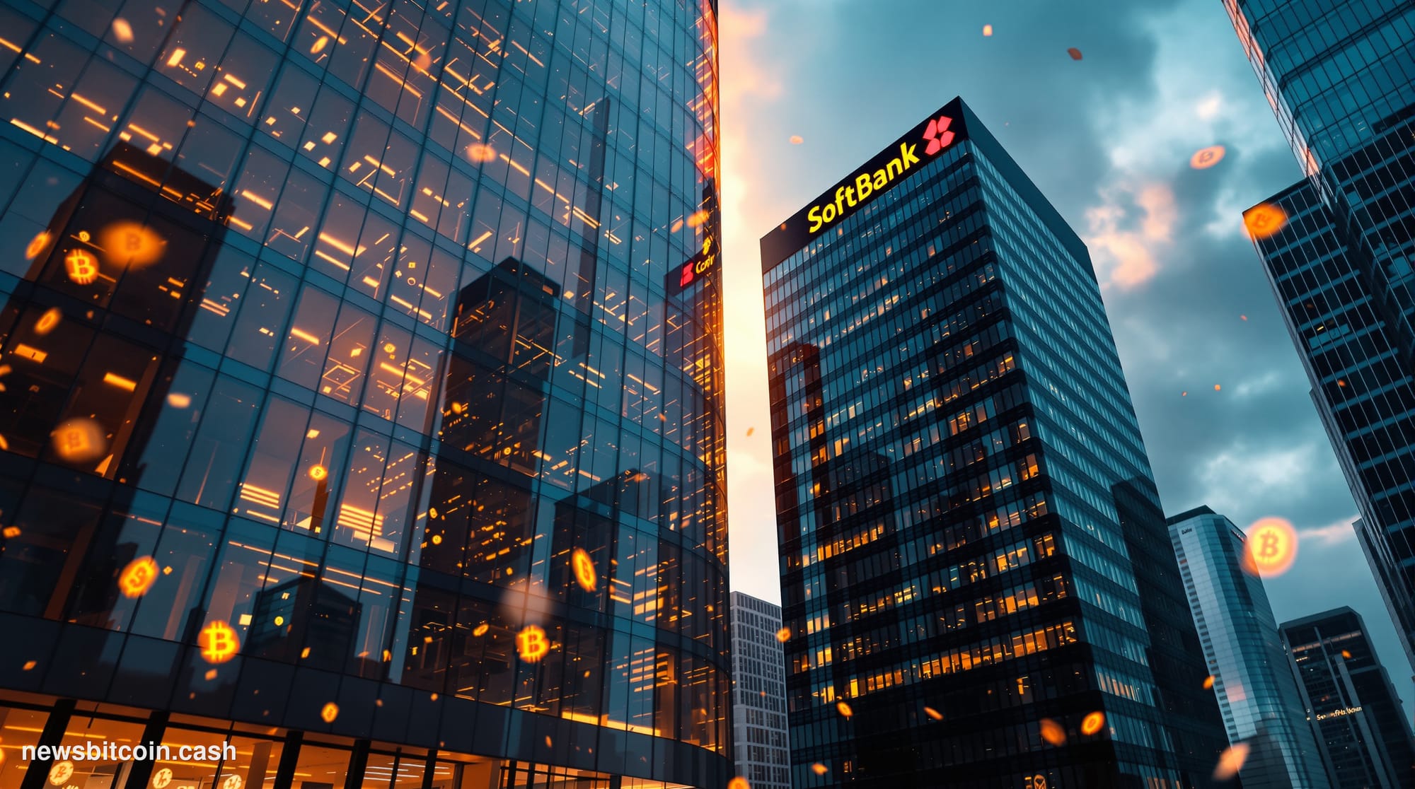 A cinematic photorealistic editorial photograph showing the dramatic collision of traditional tech finance and cryptocurrency