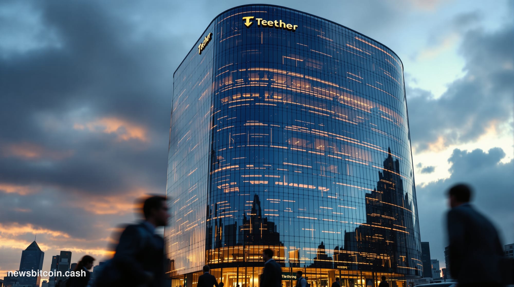 A cinematic photorealistic editorial photograph showing the modern glass facade of Tether's Hong Kong headquarters building w