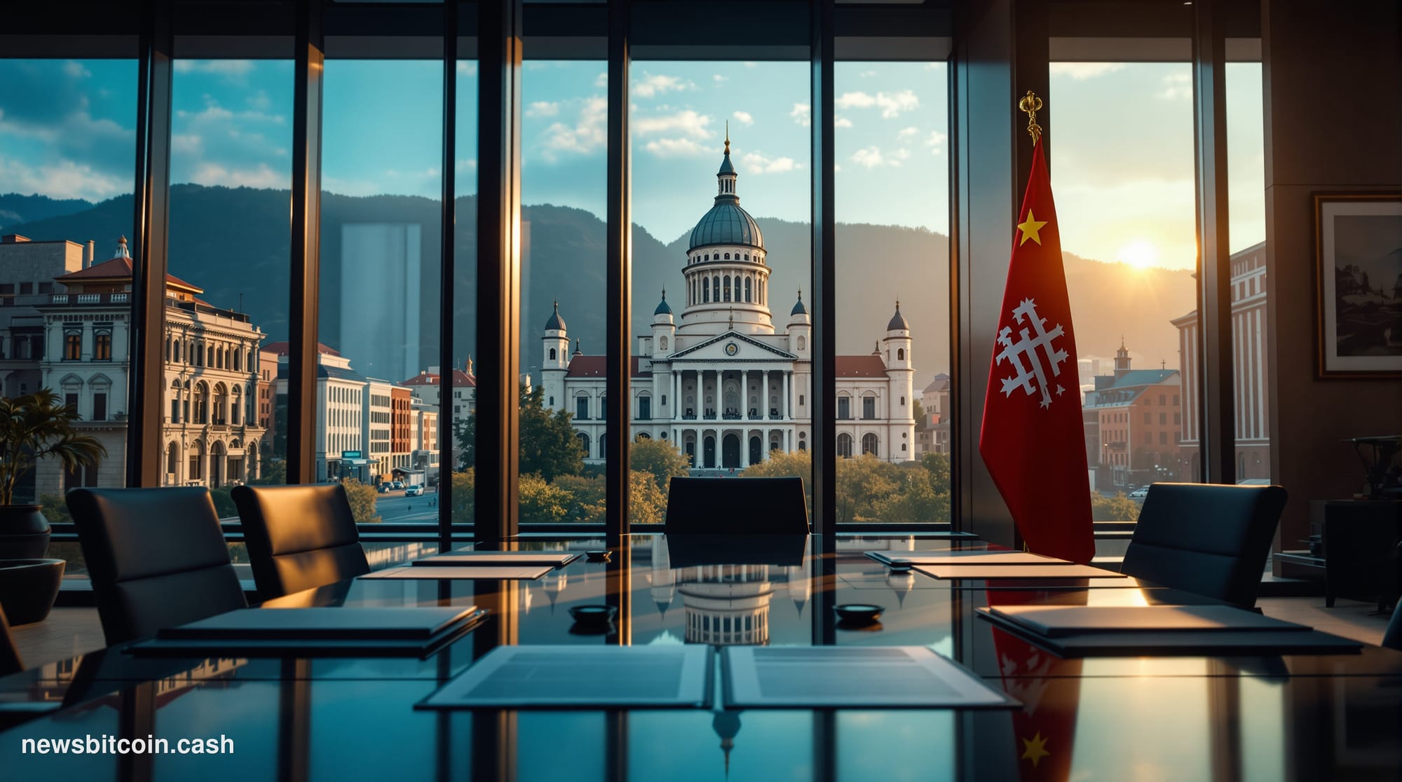 Cinematic photorealistic editorial photograph capturing Georgia's emergence as a blockchain finance hub. The composition feat