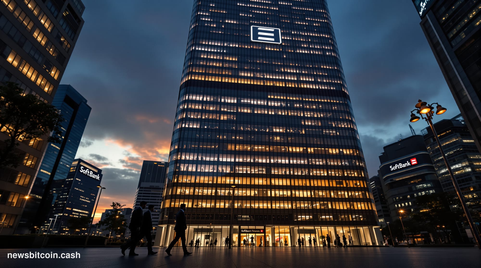 Cinematic photorealistic editorial photograph of the SoftBank headquarters in Tokyo at twilight, shot from a low angle to emp