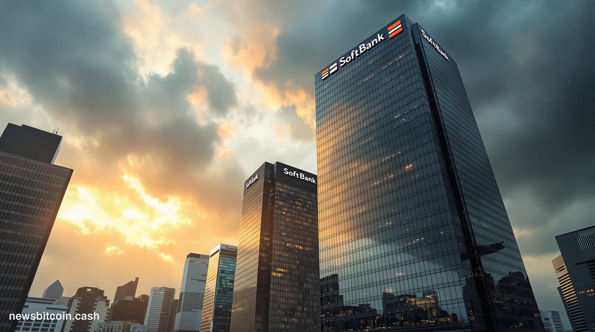 A cinematic photorealistic editorial photograph showing the imposing glass towers of SoftBank's Tokyo headquarters in the for