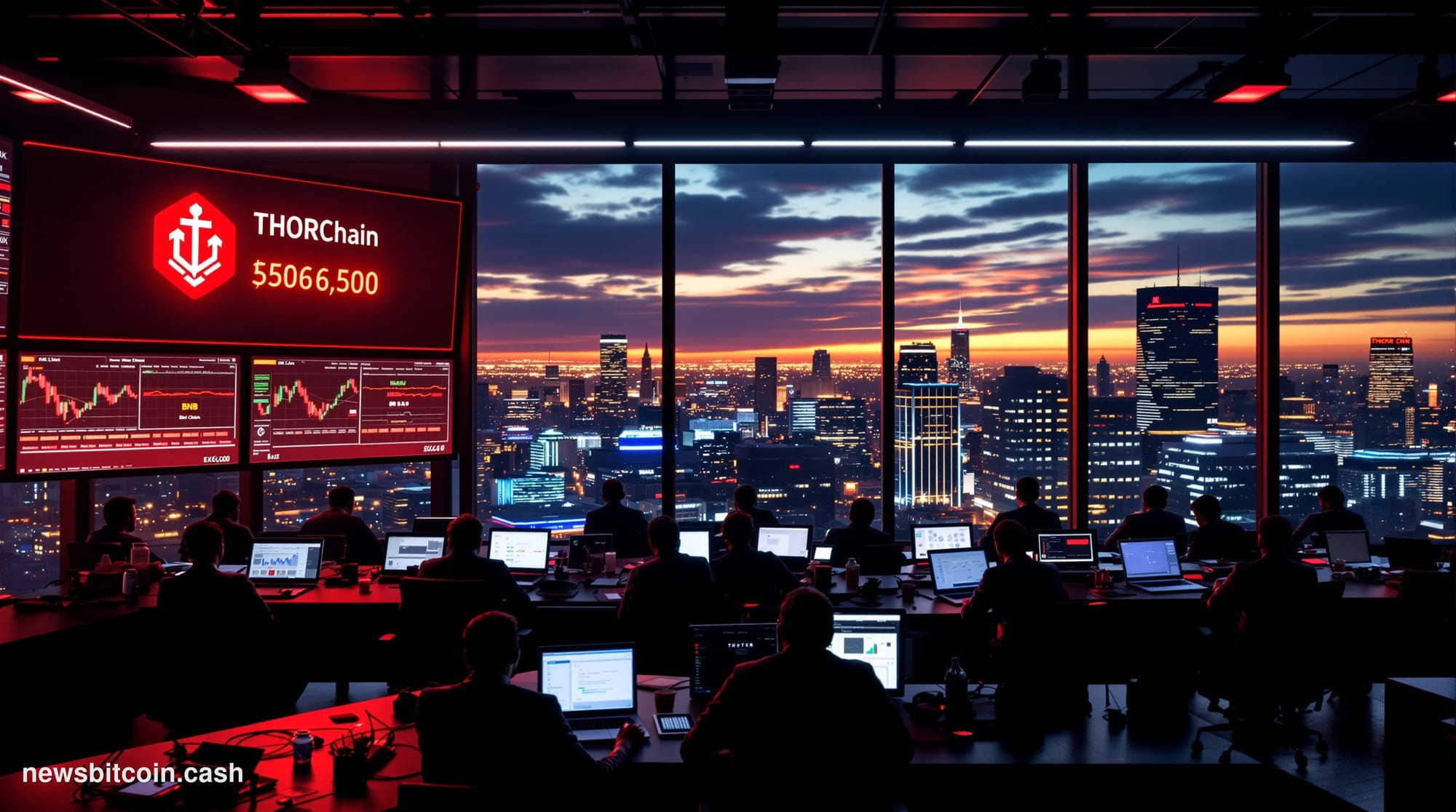 A dramatic photorealistic editorial photograph showing a modern cryptocurrency trading floor or blockchain operations center 
