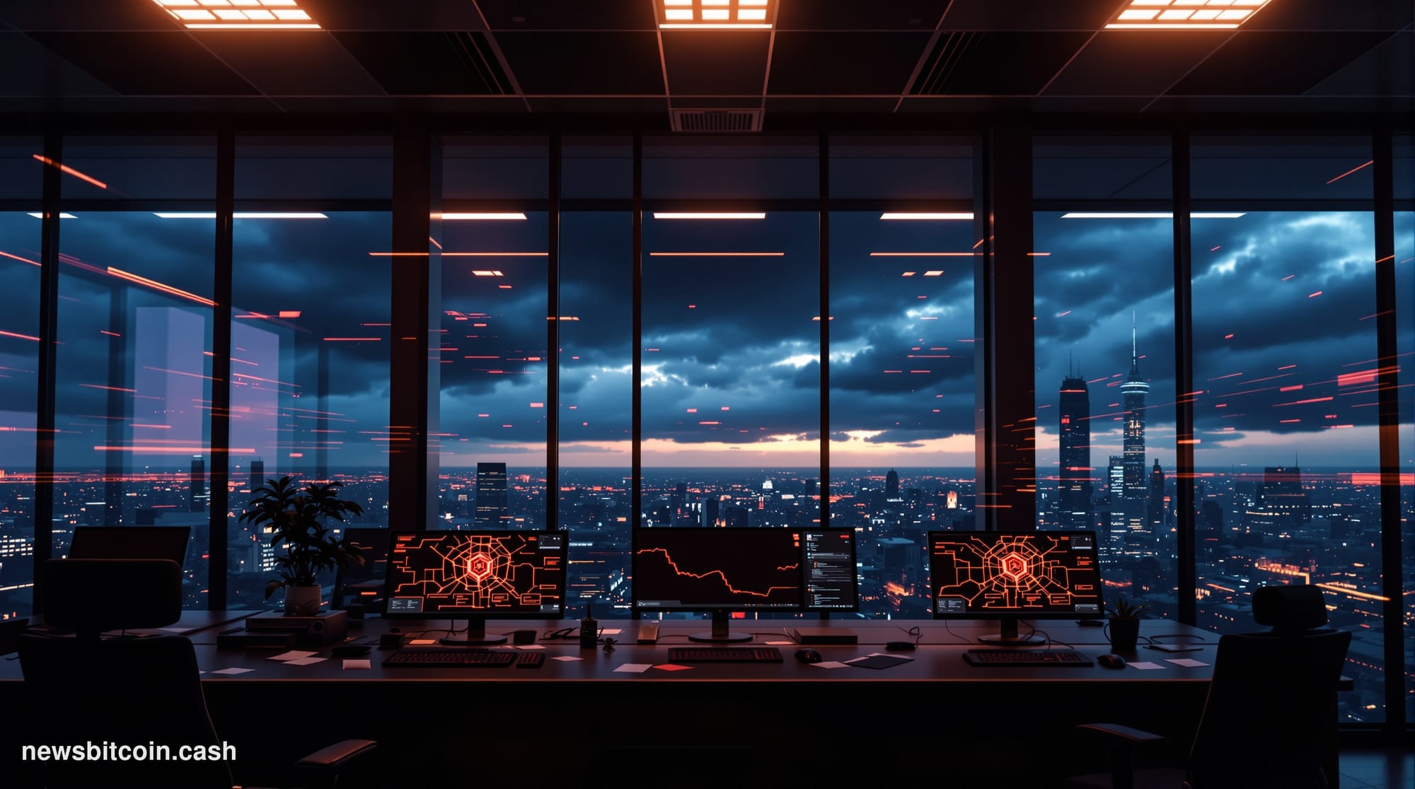 A dramatic photorealistic editorial photograph of a modern blockchain technology office or data center at dusk, with dark sto