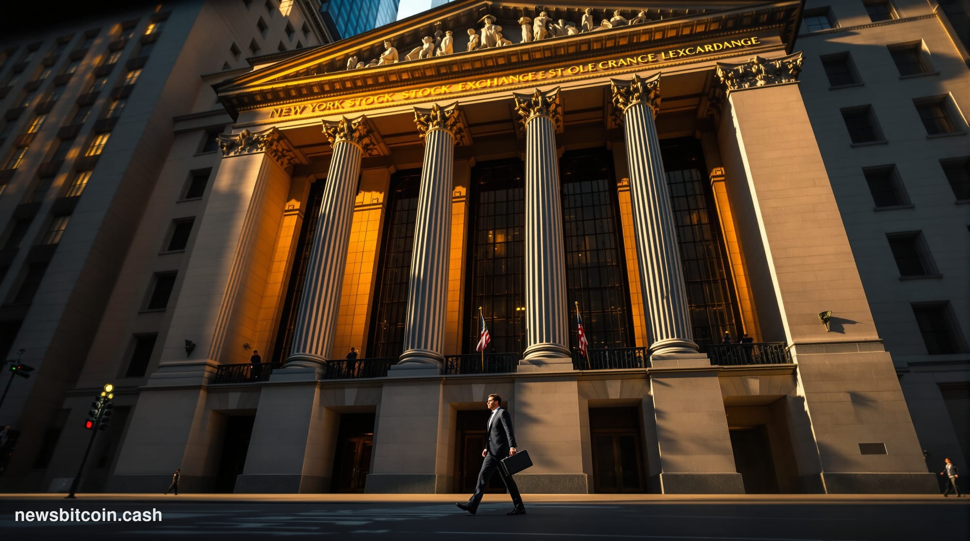 A cinematic photorealistic editorial photograph showing the imposing neoclassical facade of the New York Stock Exchange build