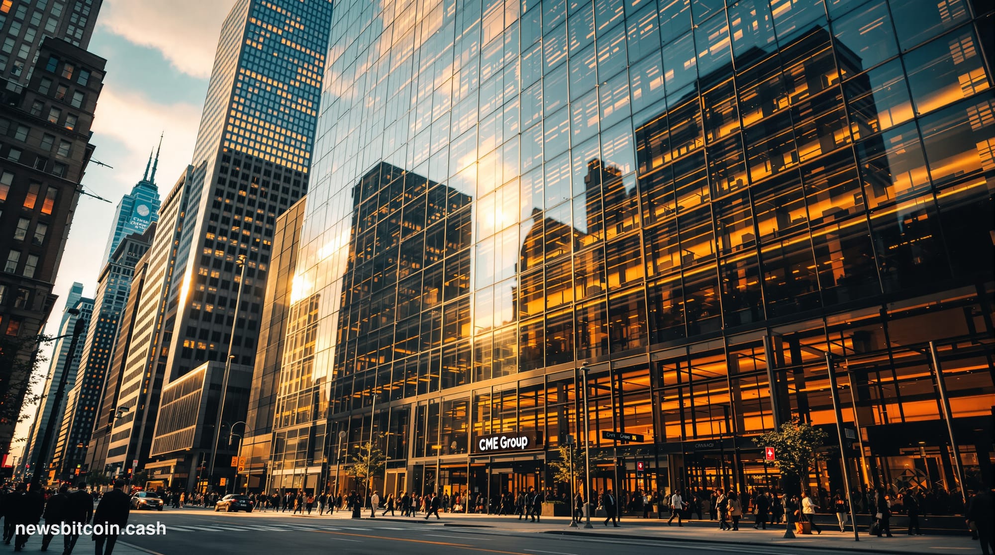 Cinematic photorealistic editorial photograph showing the imposing glass and steel facade of CME Group's headquarters in Chic