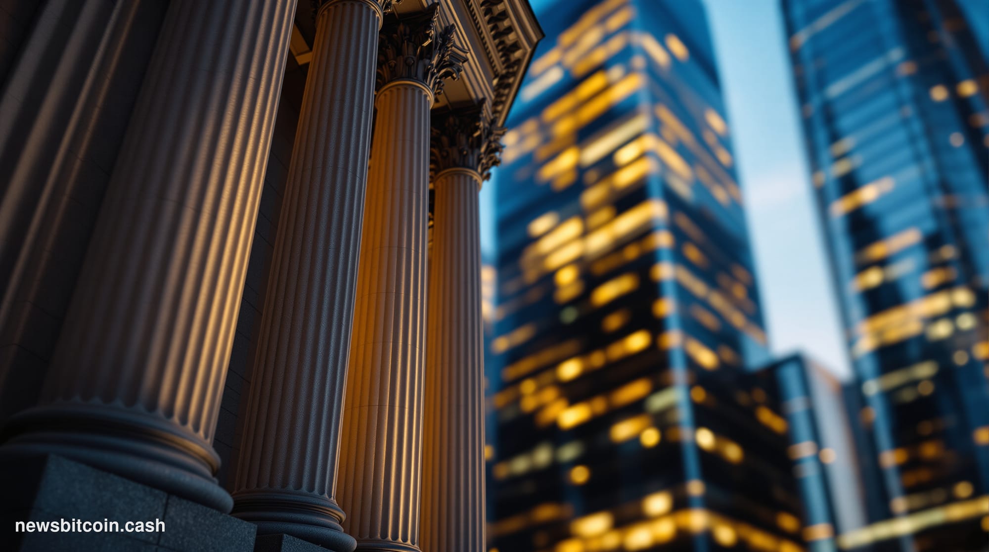 A cinematic photorealistic editorial photograph showing the dramatic architectural contrast between traditional and digital f
