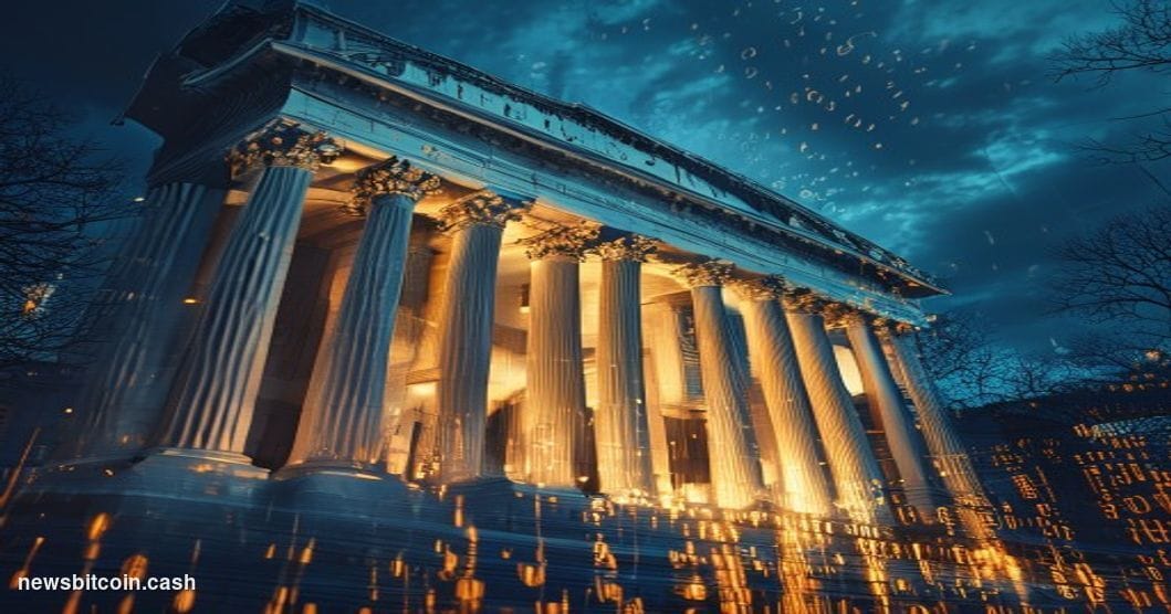 A cinematic photorealistic editorial photograph of the imposing US Treasury Building in Washington DC at dusk, its neoclassic