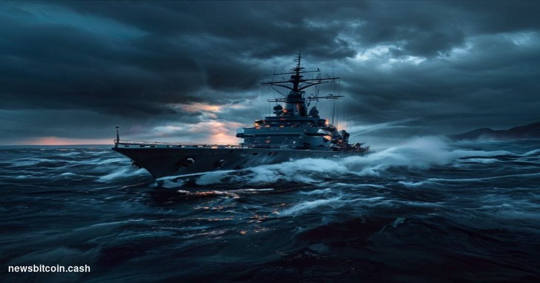Cinematic photorealistic editorial photograph of a military naval vessel in dark choppy waters under stormy skies, shot from 