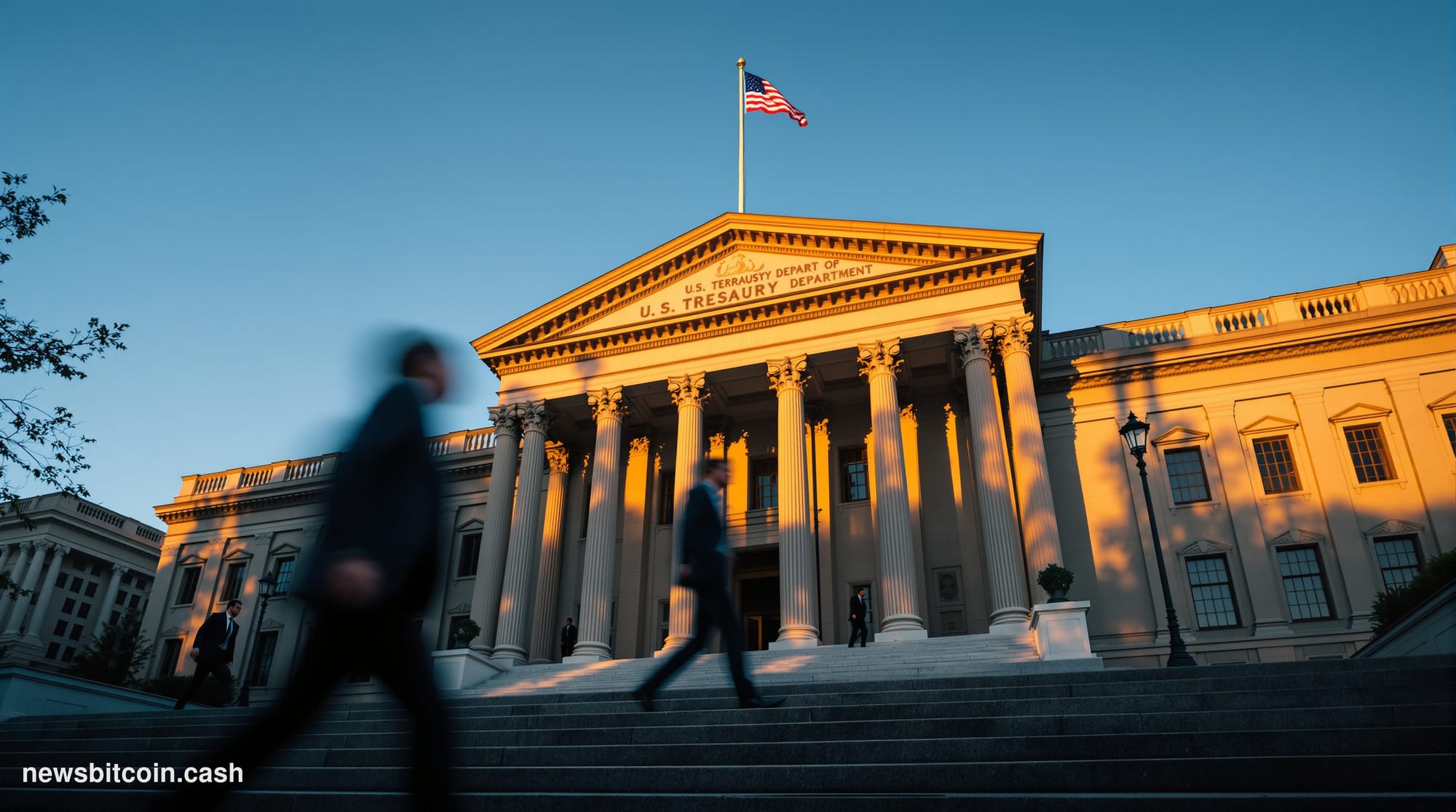 Cinematic photorealistic editorial photograph of the U.S. Treasury Department building in Washington D.C., shot from a low an