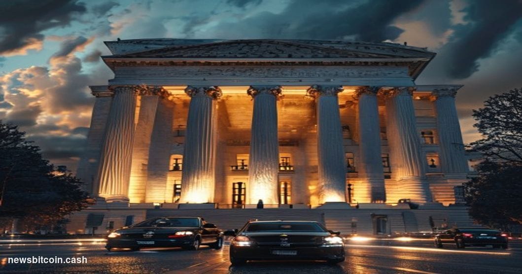 Cinematic photorealistic editorial photograph of the U.S. Treasury Department building in Washington D.C. at dusk, with drama