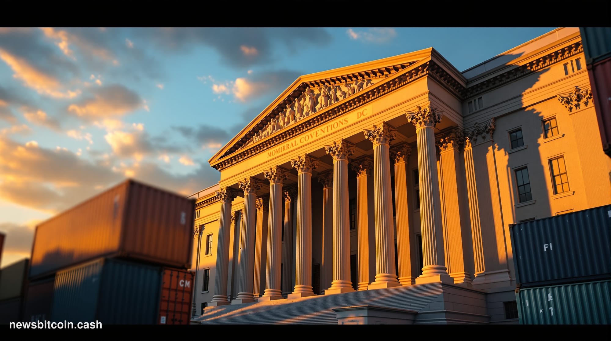 A cinematic photorealistic editorial photograph showing the US Treasury building in Washington DC during golden hour, with dr