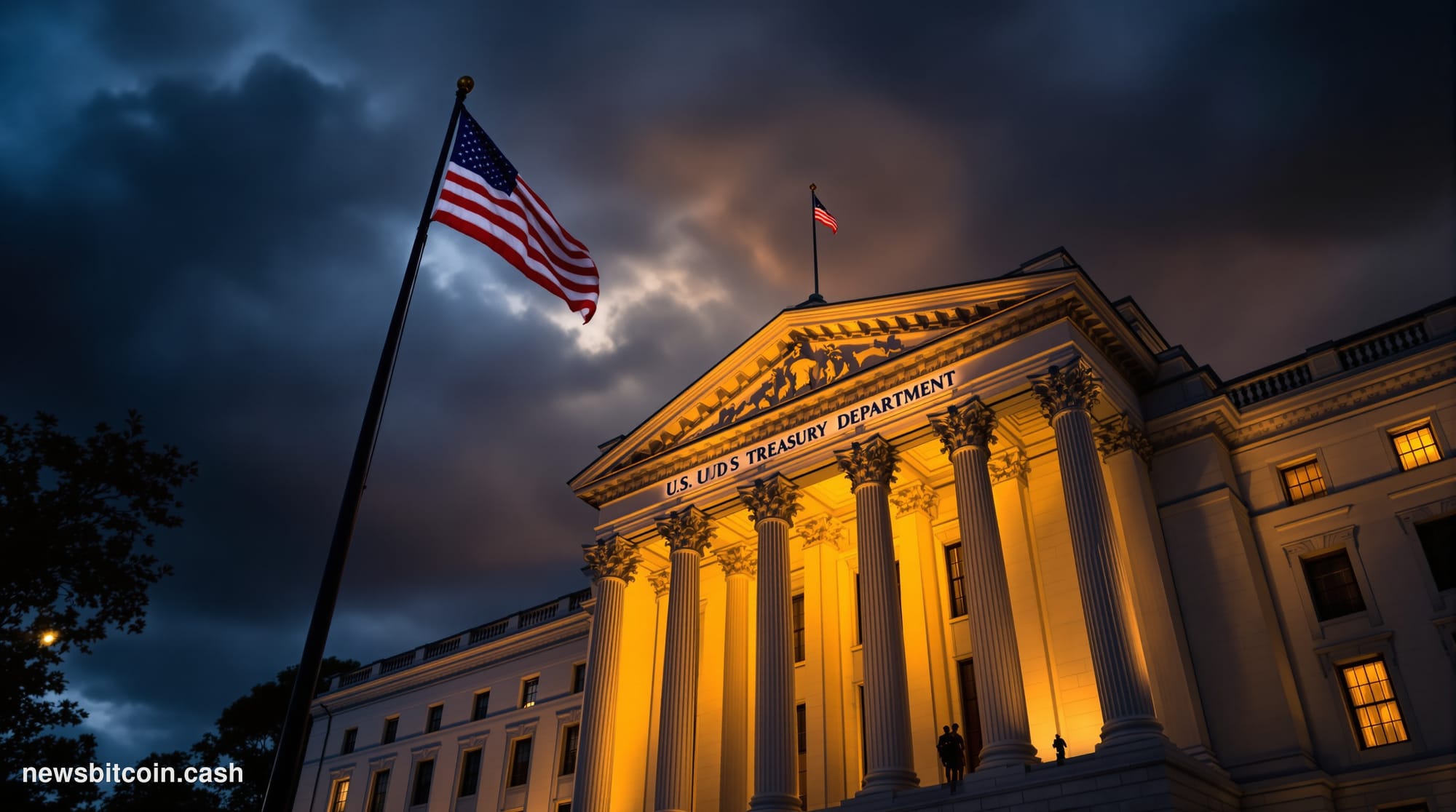 A cinematic photorealistic editorial photograph showing the imposing US Treasury Department building in Washington DC at dusk