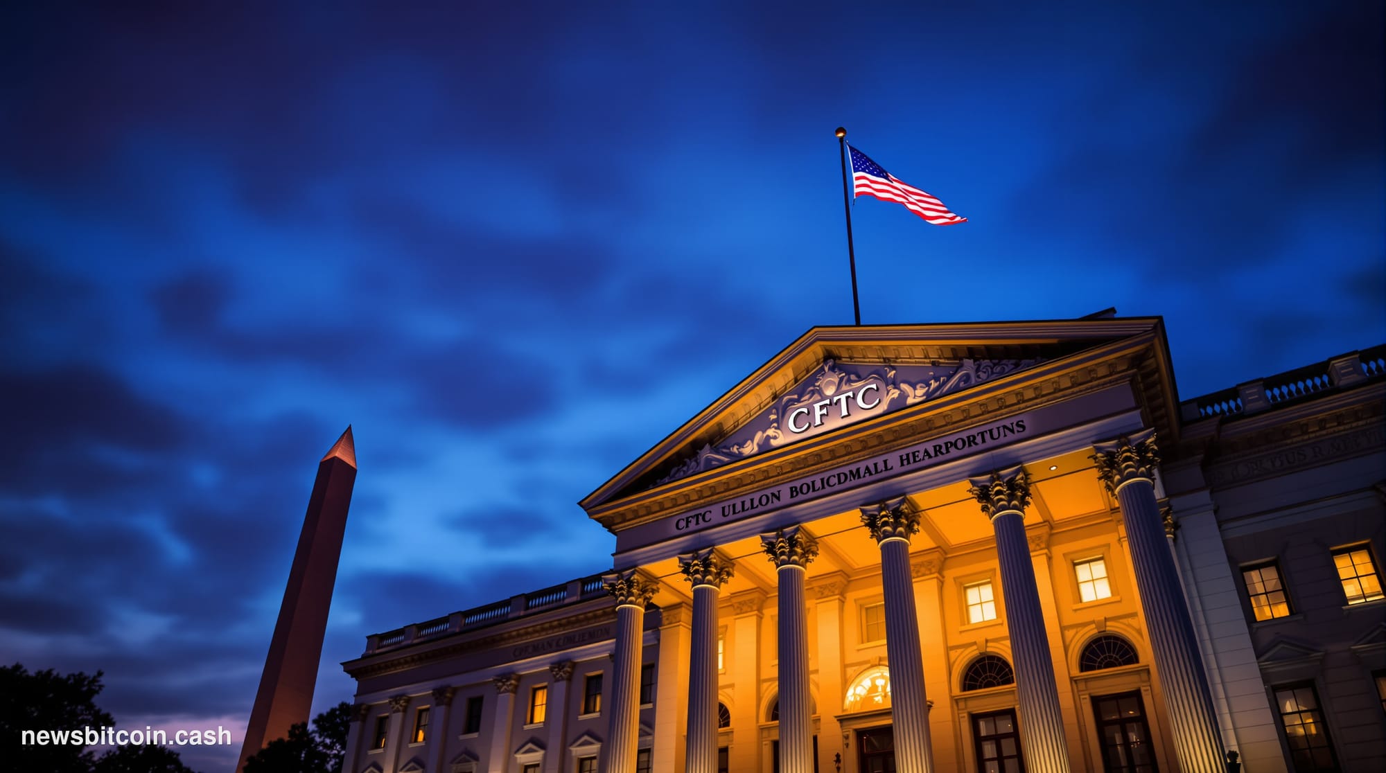 A cinematic photorealistic editorial photograph showing the imposing facade of the CFTC headquarters building in Washington D
