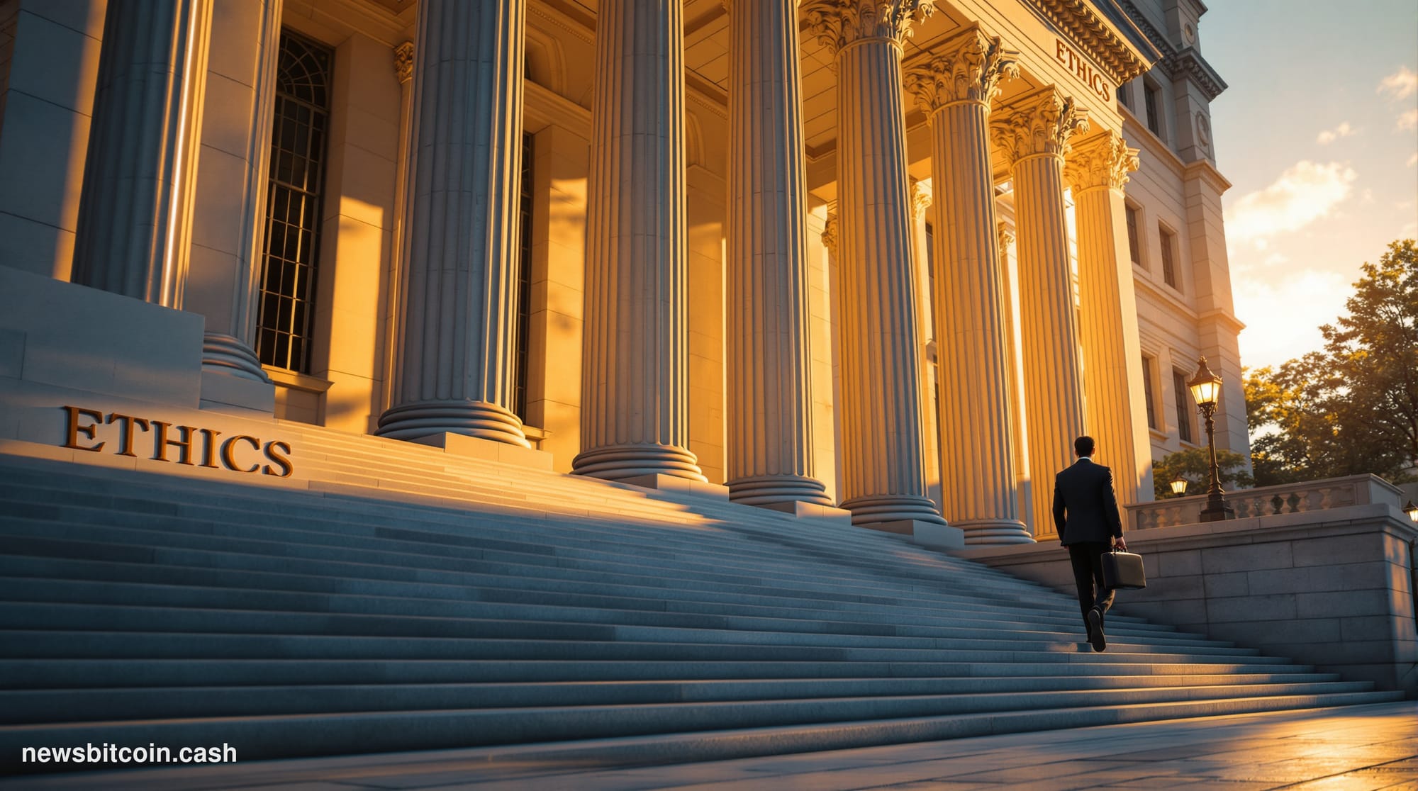 A cinematic photorealistic editorial photograph showing the imposing neoclassical facade of a federal government building in 