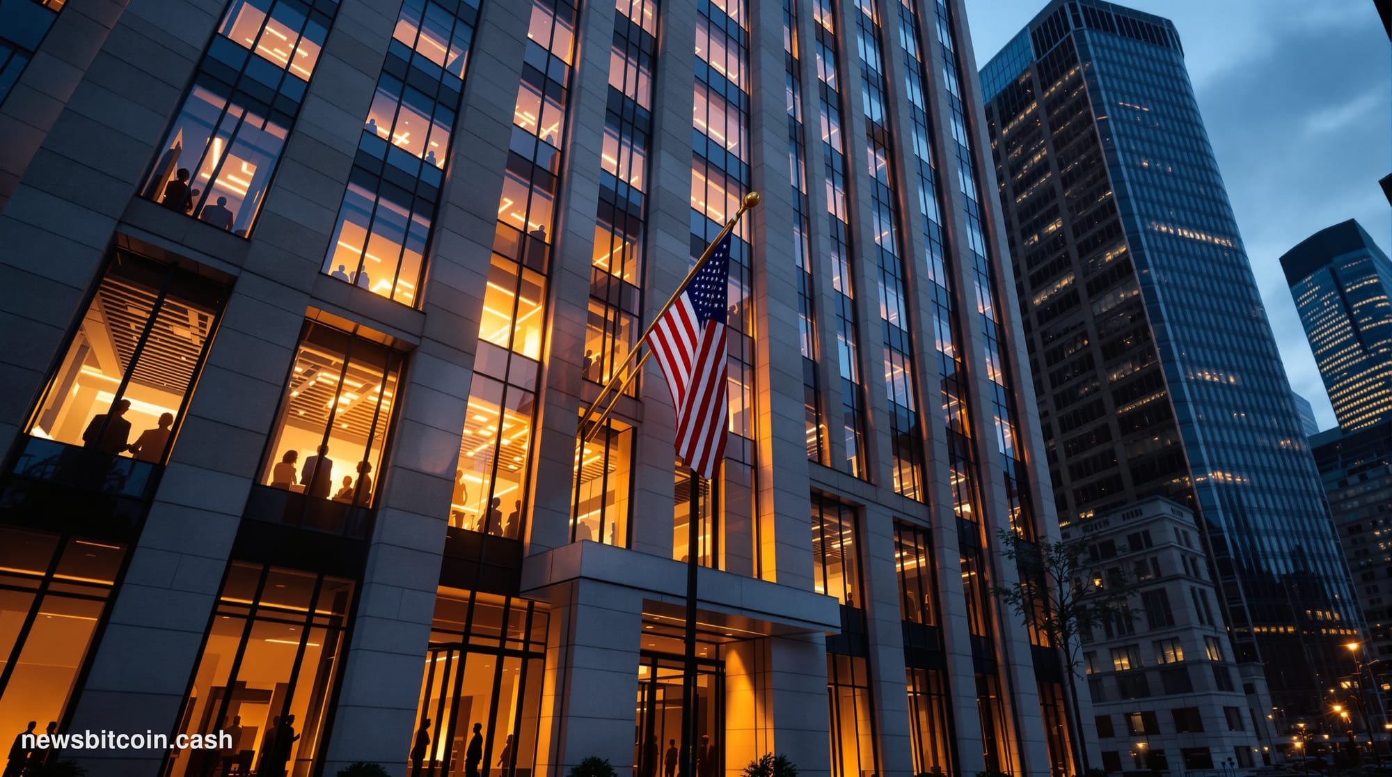 A cinematic photorealistic editorial photograph of the imposing facade of a major Wall Street bank headquarters at dusk, with