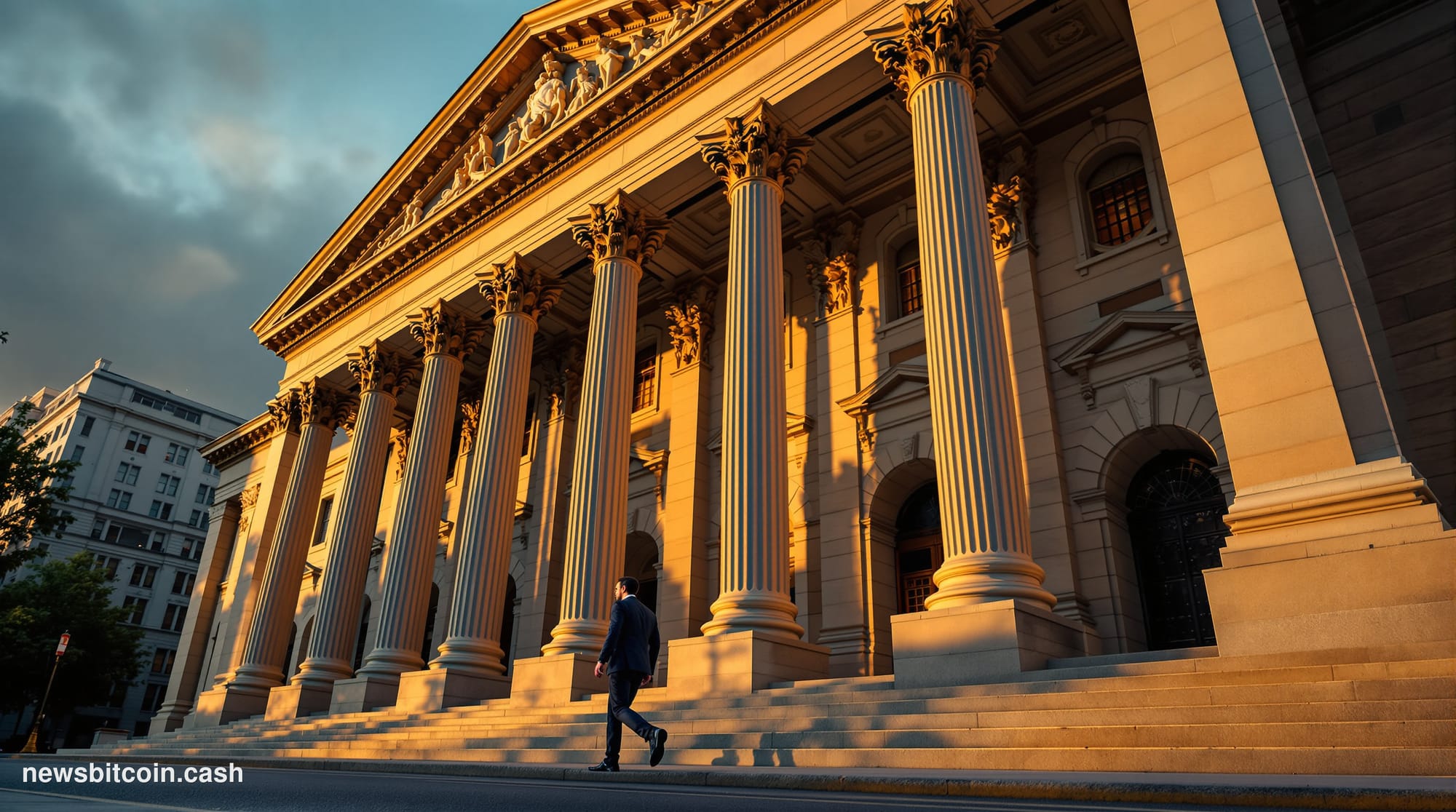 A cinematic photorealistic editorial photograph of the Federal Reserve building's imposing neoclassical facade in Washington 