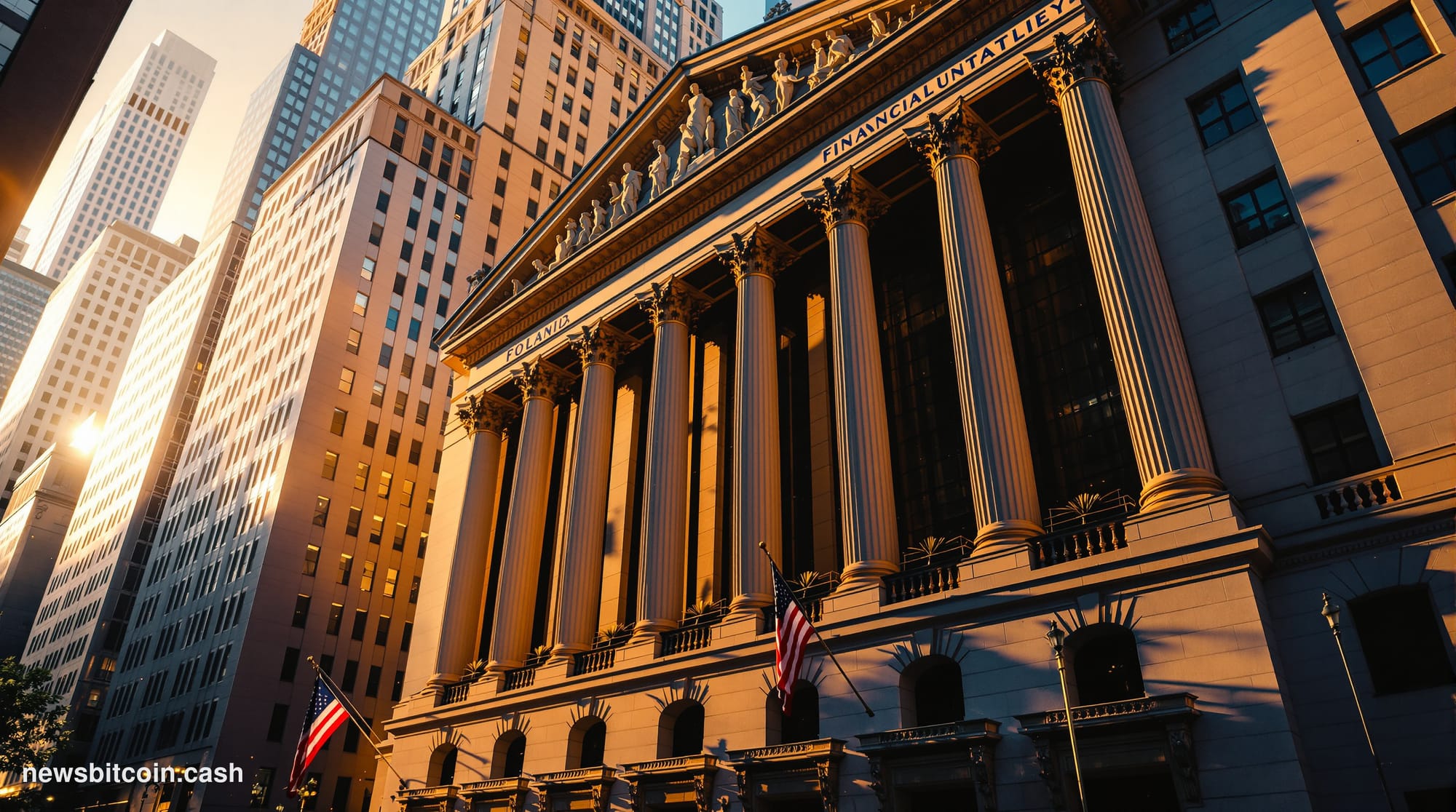 A cinematic photorealistic editorial photograph showing the imposing facade of a major financial institution or trust company