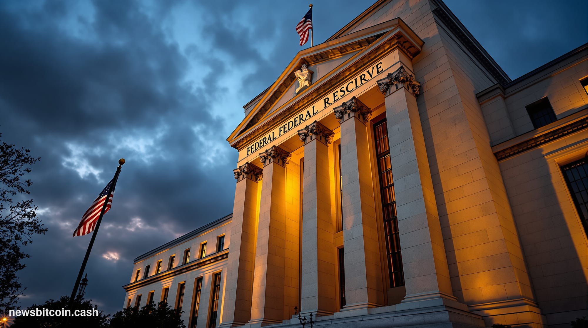 Cinematic photorealistic editorial photograph of the Federal Reserve building in Washington D.C., captured from a low angle d