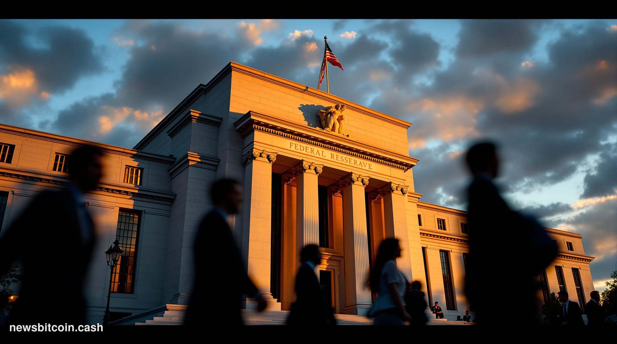 A dramatic photorealistic editorial photograph of the Federal Reserve building in Washington D.C., shot during golden hour wi