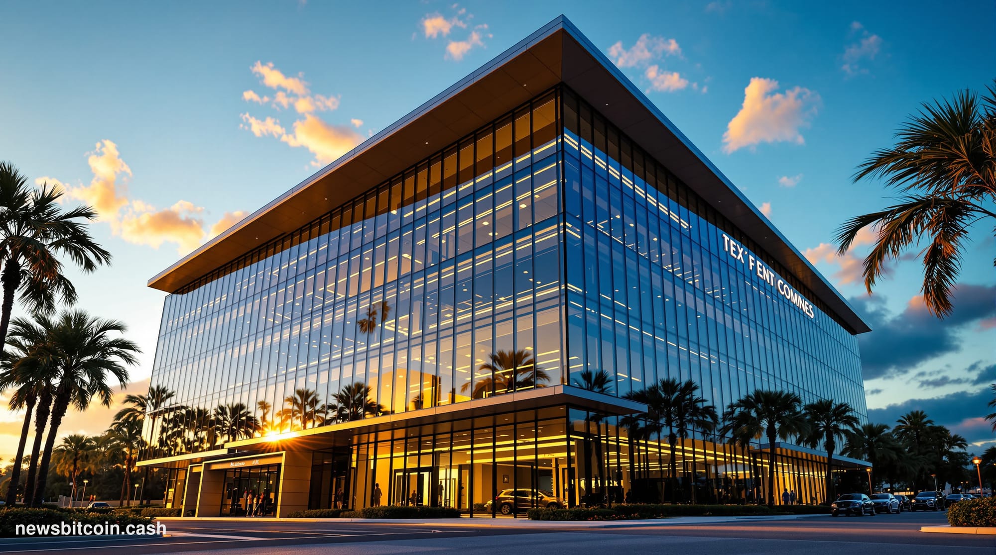 Cinematic photorealistic editorial photograph of the Trump Media & Technology Group headquarters building exterior in Sarasot