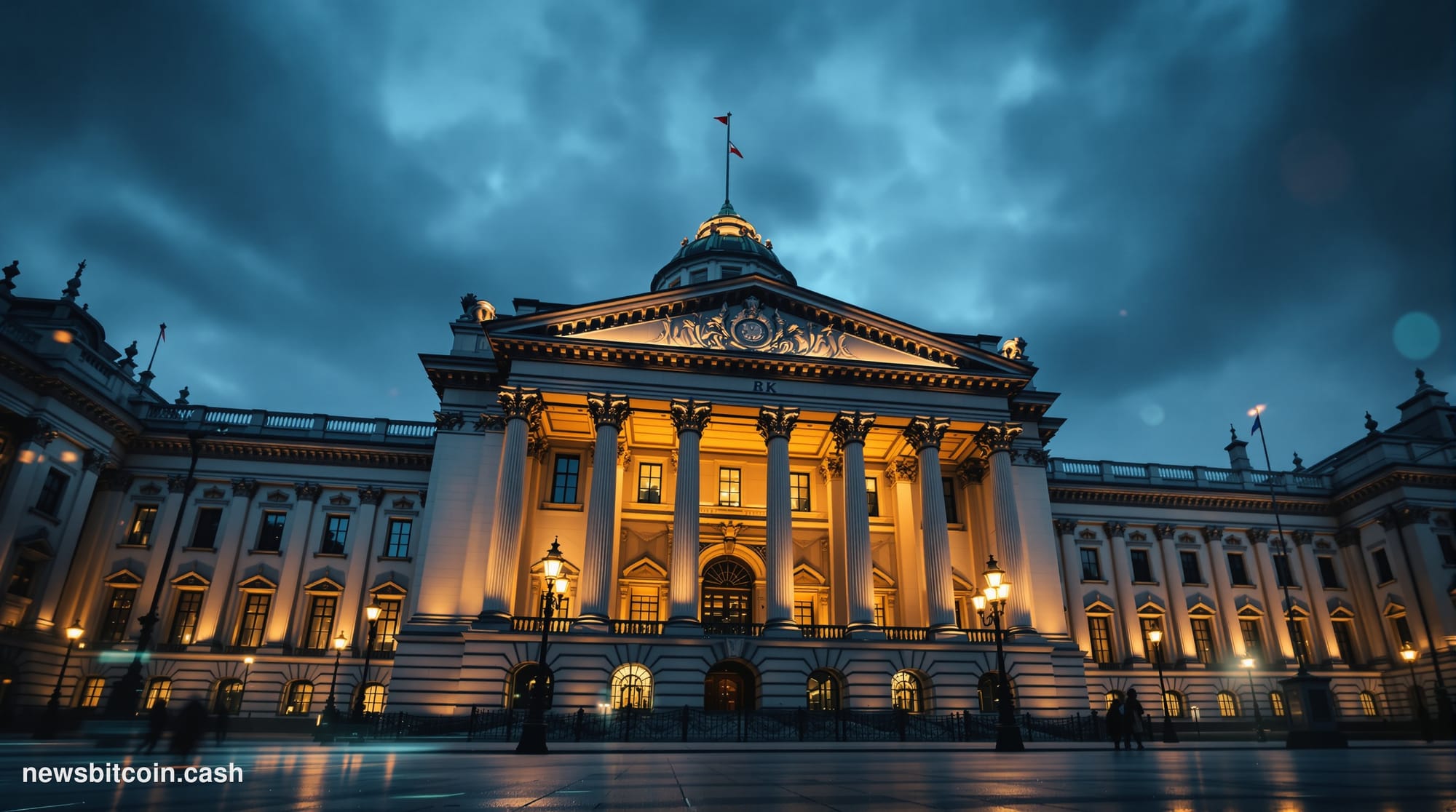 A cinematic photorealistic editorial photograph showing the imposing facade of the UK Treasury building in Whitehall, London,