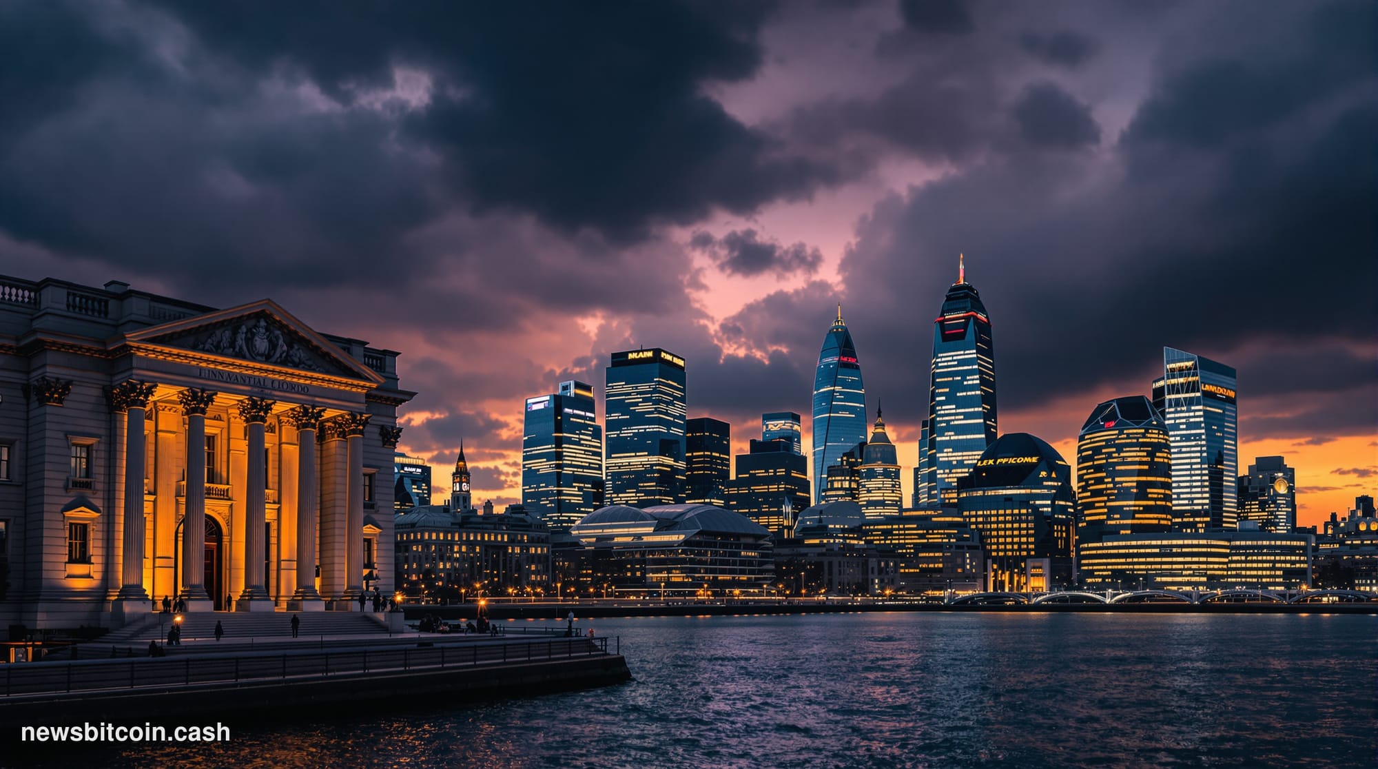 Cinematic photorealistic editorial photograph of the iconic London financial district skyline at dusk, with the Bank of Engla