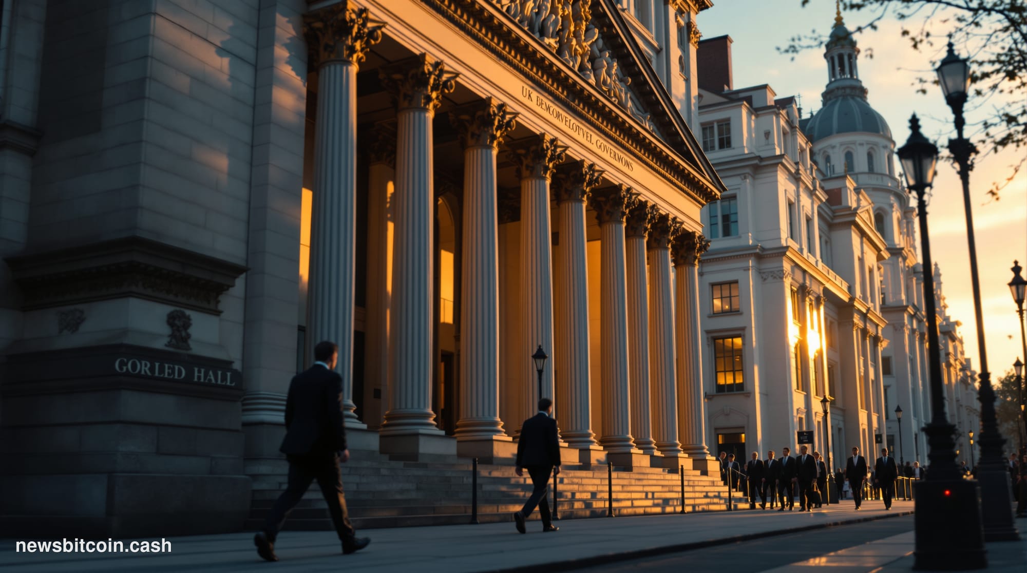 A cinematic photorealistic editorial photograph of the imposing UK government buildings in Whitehall, London, with the distin