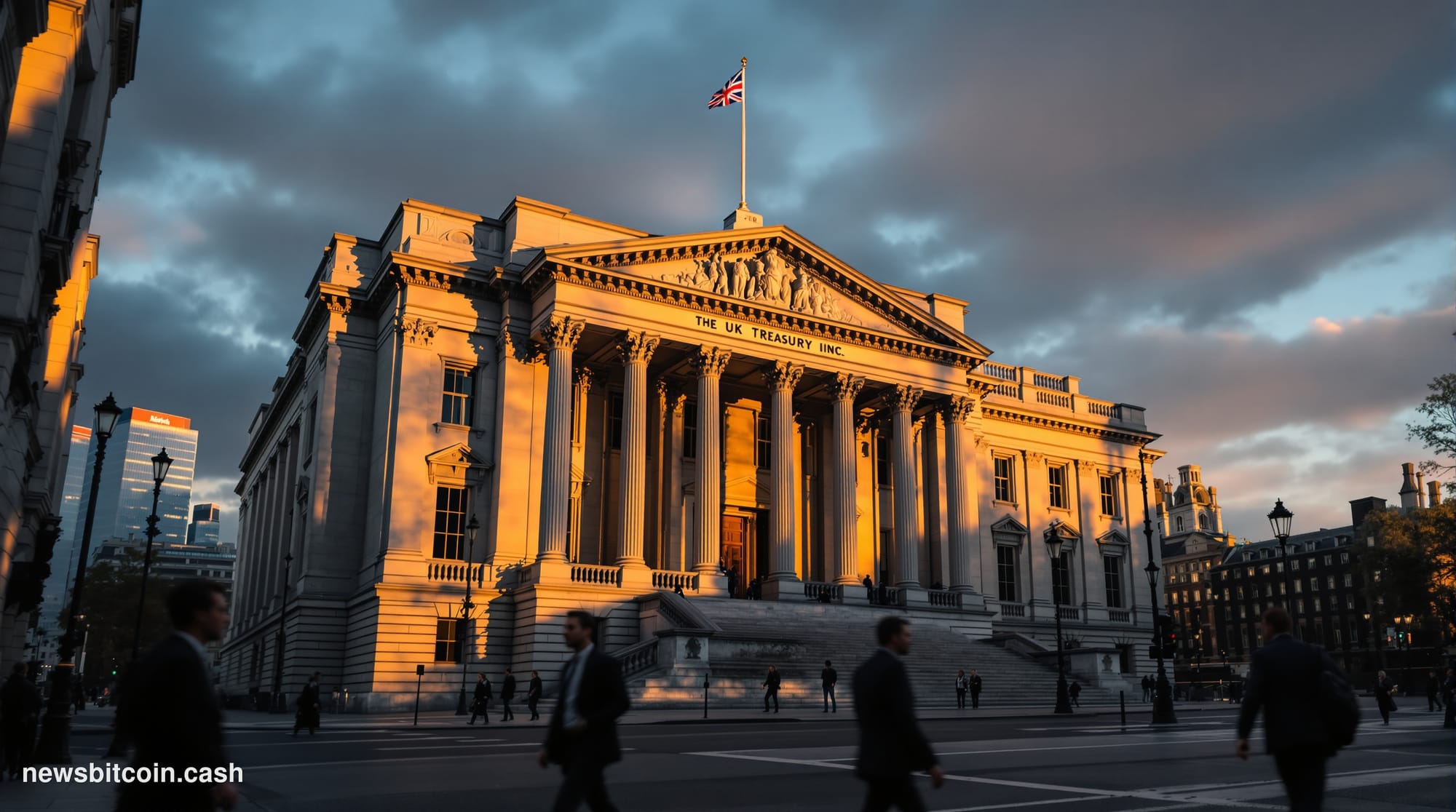 A cinematic photorealistic editorial photograph of the UK Treasury building in Westminster, London, shot during golden hour w