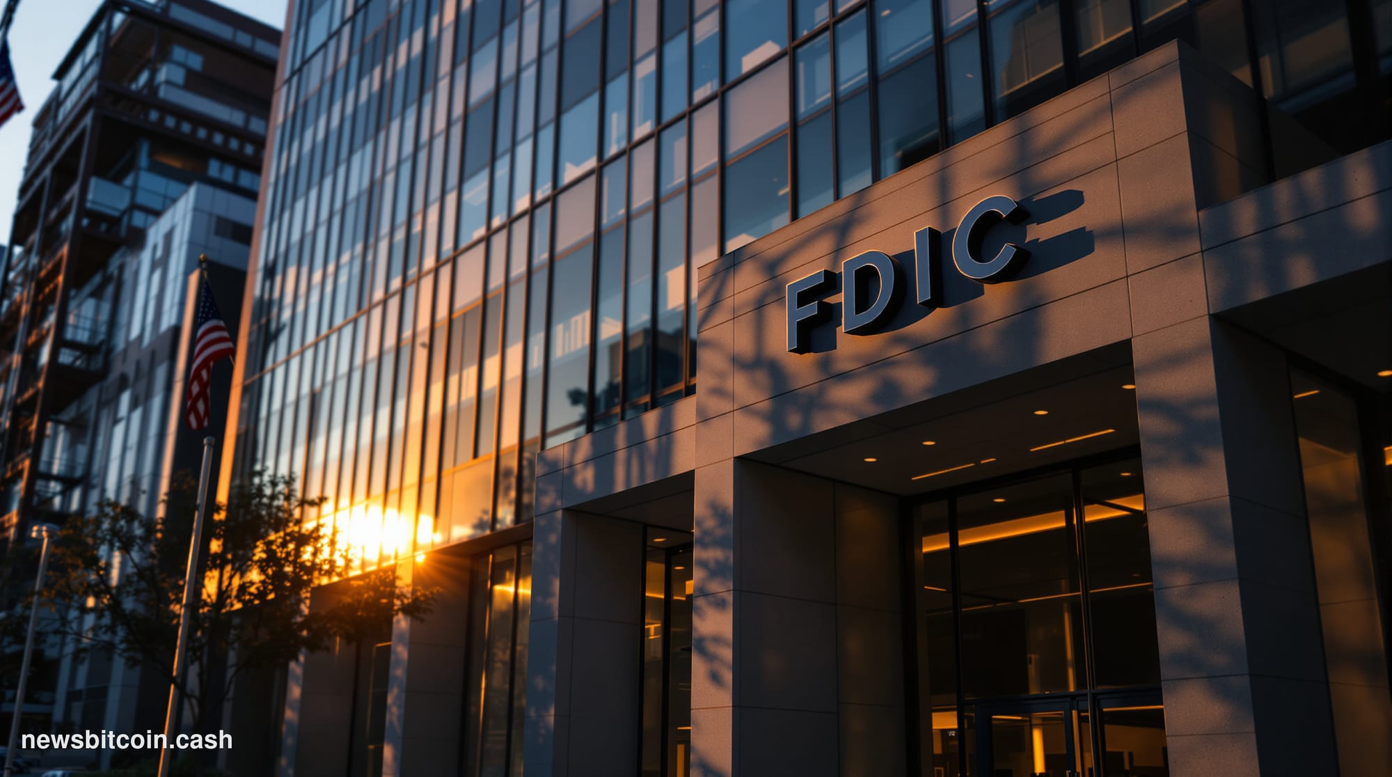 A cinematic photorealistic editorial photograph of the FDIC headquarters building in Washington D.C., shot during golden hour