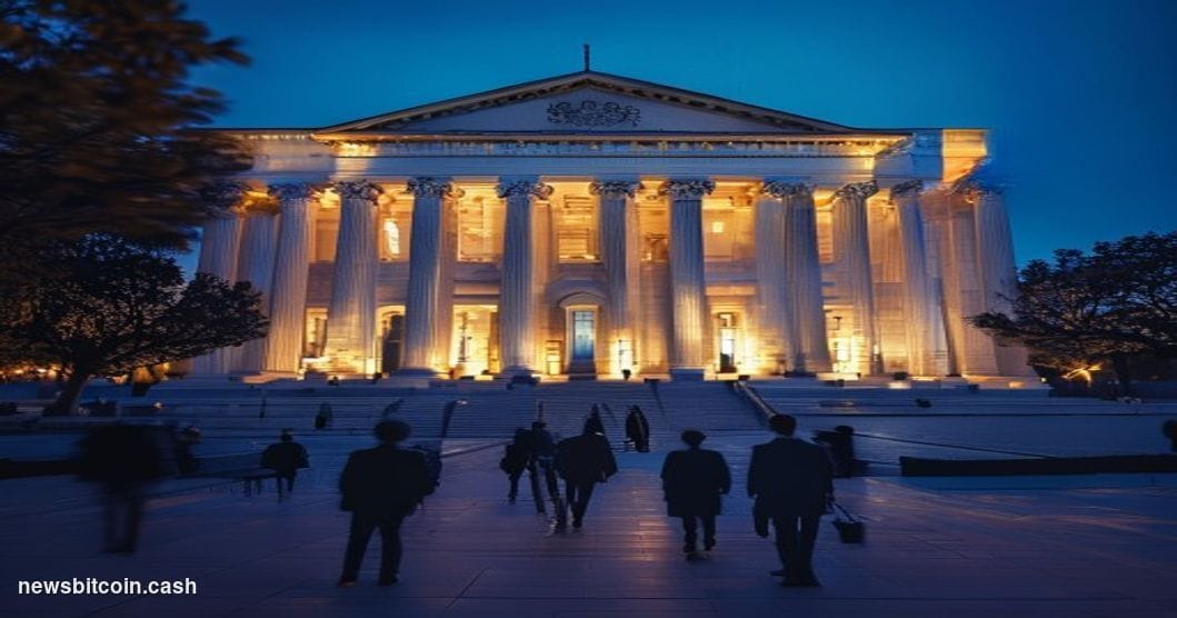Cinematic photorealistic editorial photograph of the U.S. Treasury Building in Washington D.C. at twilight, shot from a low a