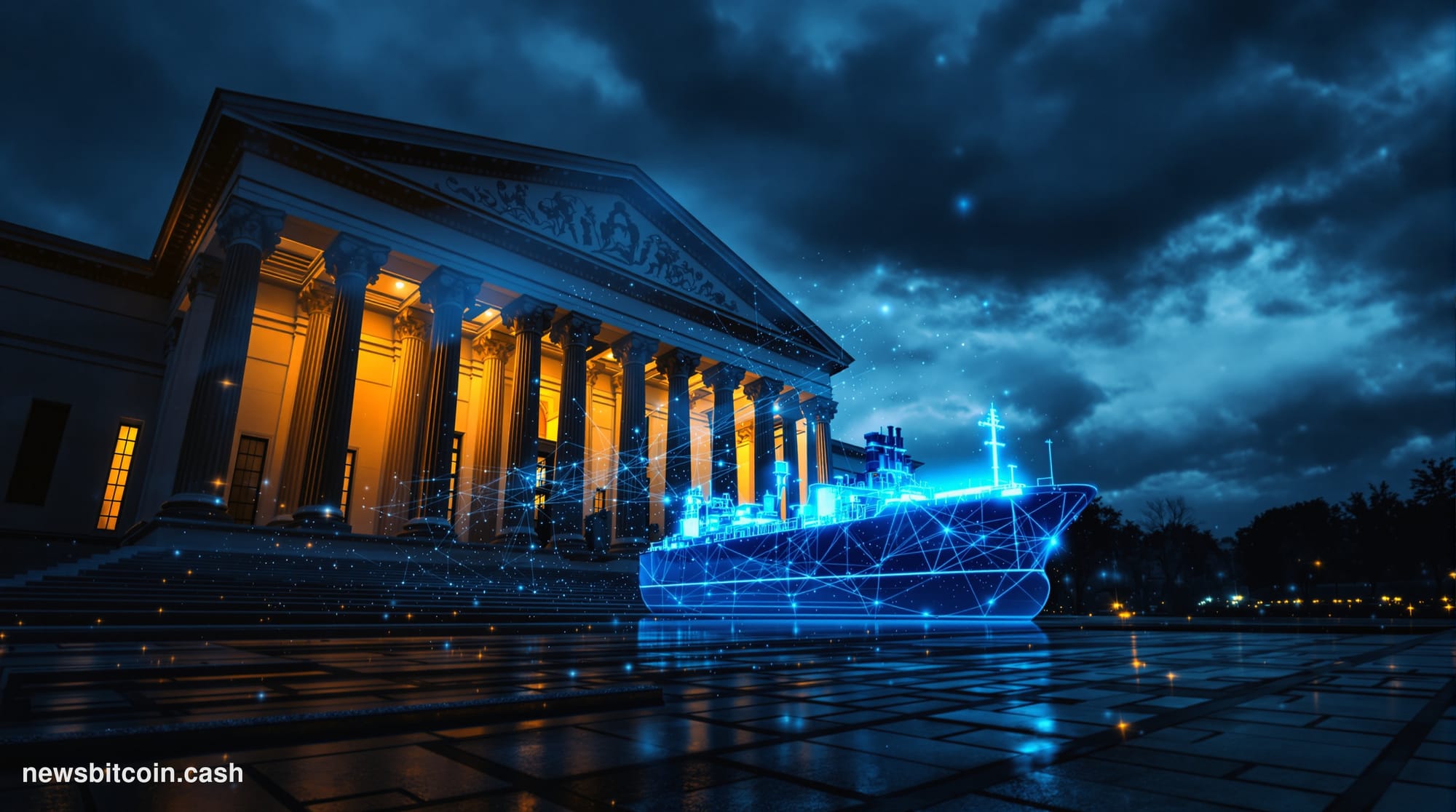 Cinematic photorealistic editorial photograph of the US Treasury Building in Washington DC at dusk, with dramatic storm cloud