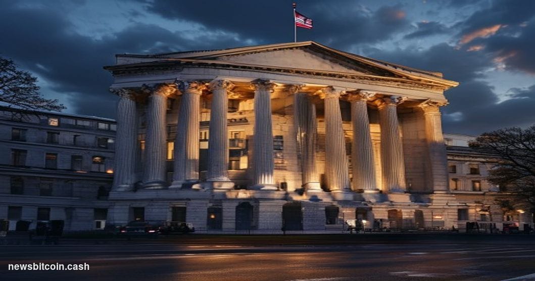 A cinematic photorealistic editorial photograph showing the imposing neoclassical facade of the US Treasury Building in Washi