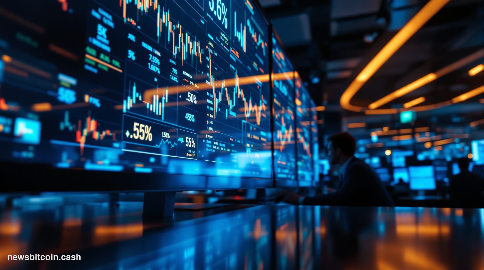 A cinematic photorealistic editorial photograph showing a modern institutional trading floor or financial services office env