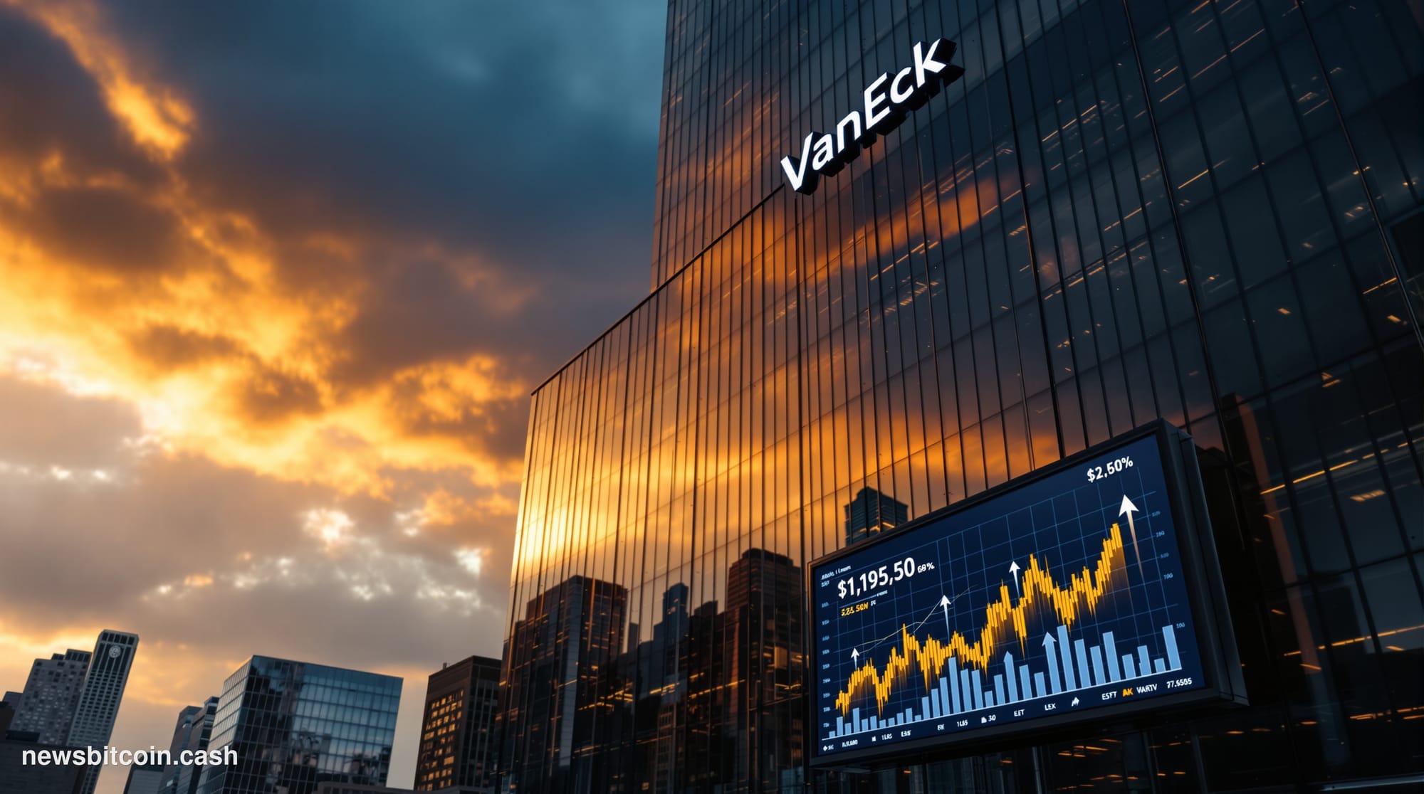 A cinematic photorealistic editorial photograph of VanEck's corporate headquarters building in New York City, shot from a low