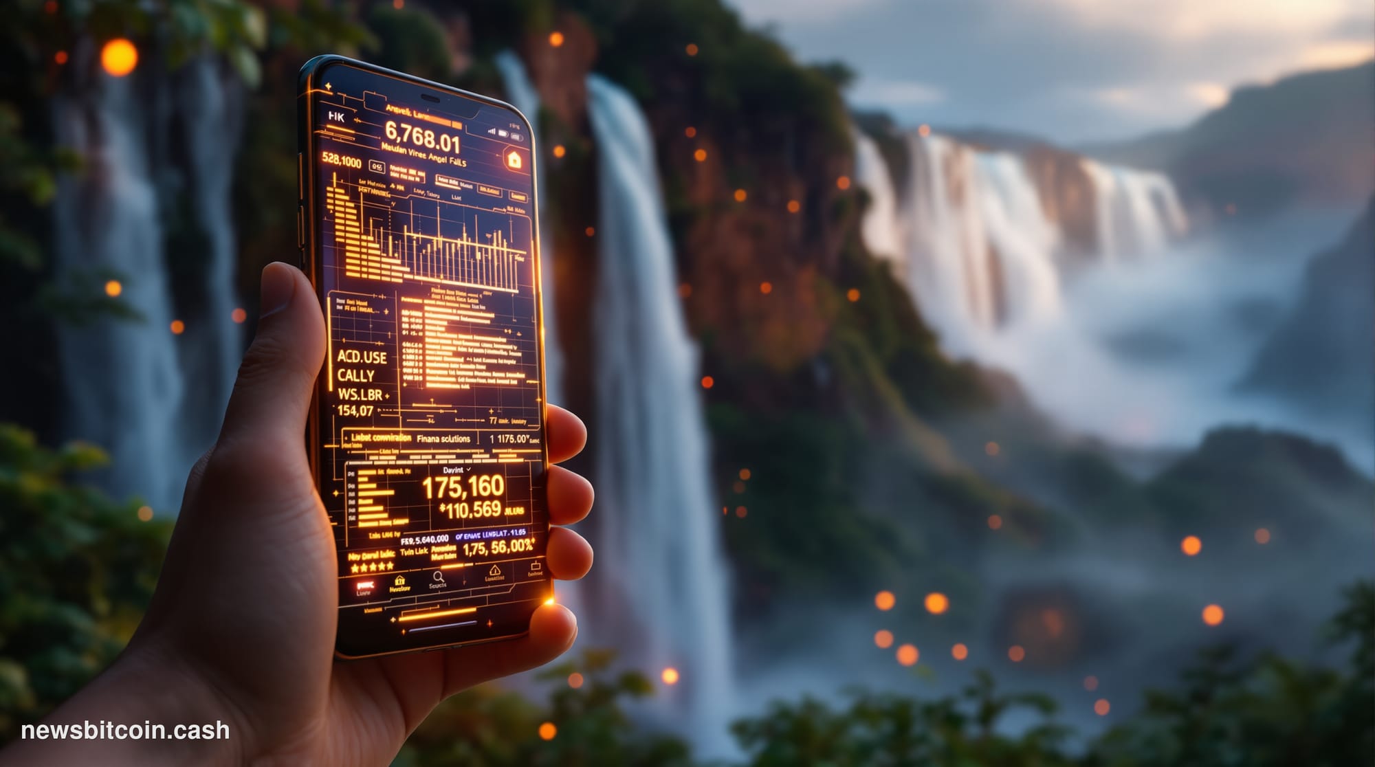 A cinematic photorealistic editorial photograph showing Venezuela's distinctive Angel Falls cascading dramatically in the bac