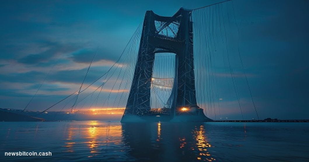 A dramatic cinematic photograph of a damaged modern suspension bridge at twilight, shot from a low angle with one tower promi