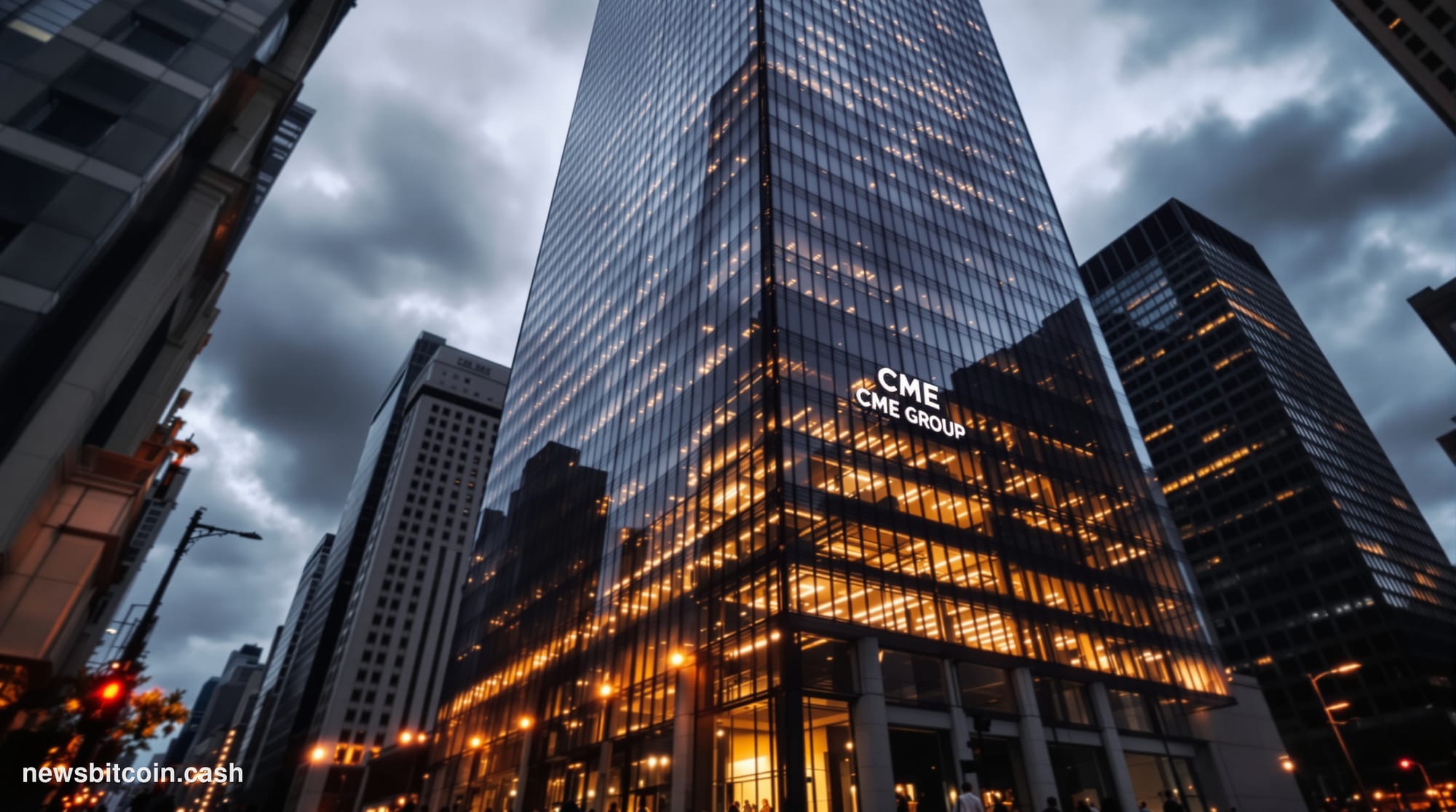 A dramatic cinematic photograph of the imposing CME Group headquarters building in Chicago's financial district, shot from a 